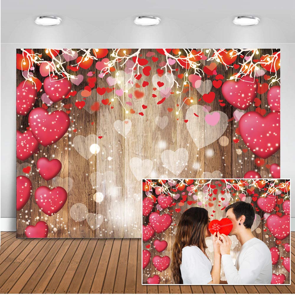 Dudaacvt 10X8ft Valentines Day Backdrop Rustic Wood Red Love Heart Background for Valentines Day Wedding Bridal Shower Party D