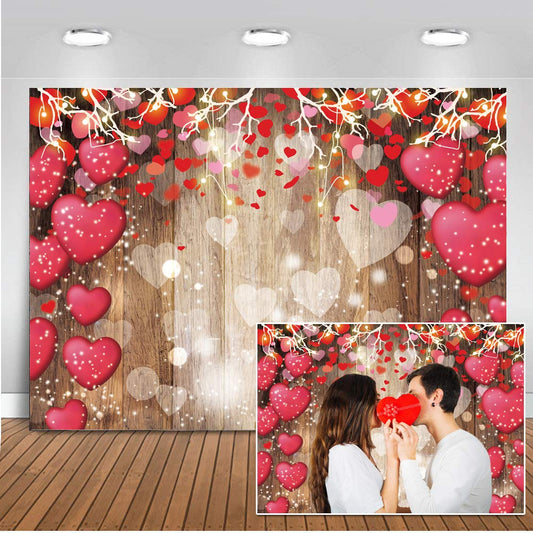 Dudaacvt 10X8ft Valentines Day Backdrop Rustic Wood Red Love Heart Background for Valentines Day Wedding Bridal Shower Party D