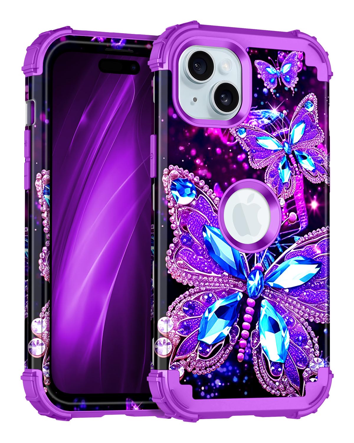 Miqala Compatible with iPhone 15 Case,Glow in The Dark Three Layer Heavy Duty Shockproof Hard Plastic Bumper+Soft Silicone Prote