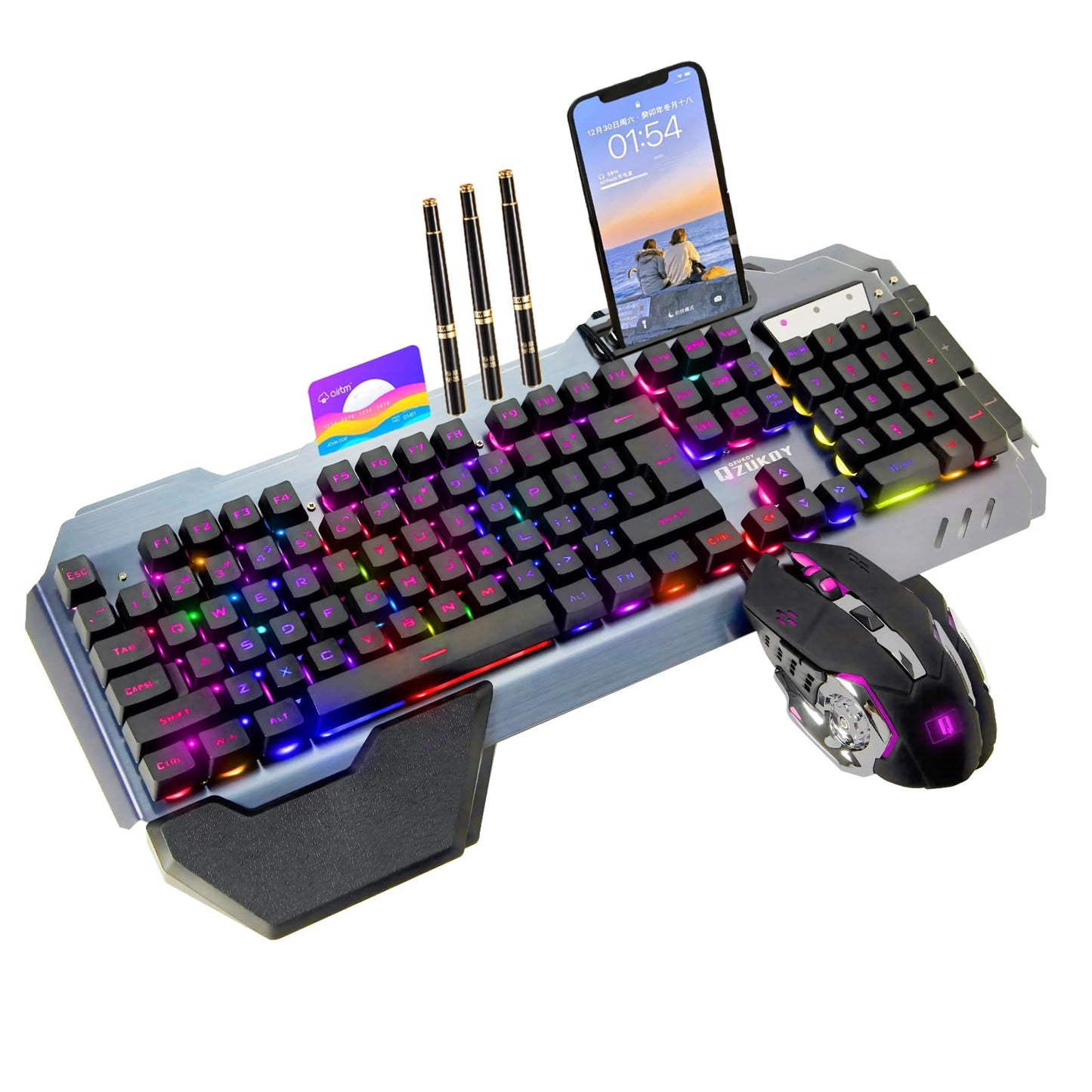 RGB Backlit Gaming Keyboard and Mouse Set - 16 Lighting Modes, 2400DPI 4-Button Optical Mouse, Mouse Pad & Phone Holder - Ergono