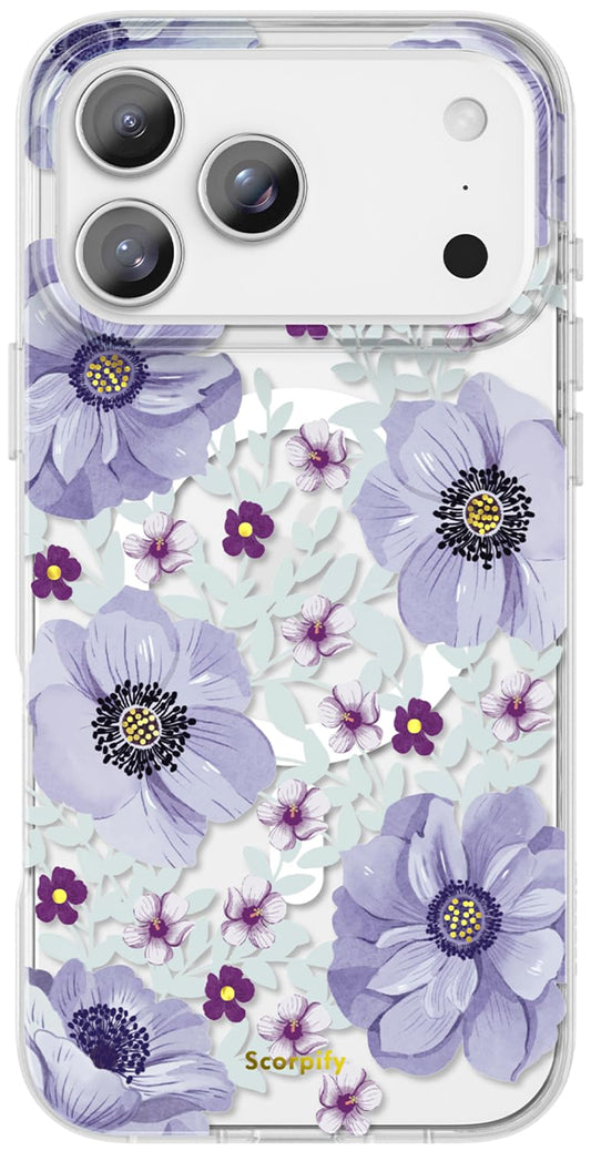 SCORPIFY for iPhone 17 Pro Max Case [Compatible with MagSafe] with Purple Anemone Floral Design, Cute Clear Flower Phone Magneti