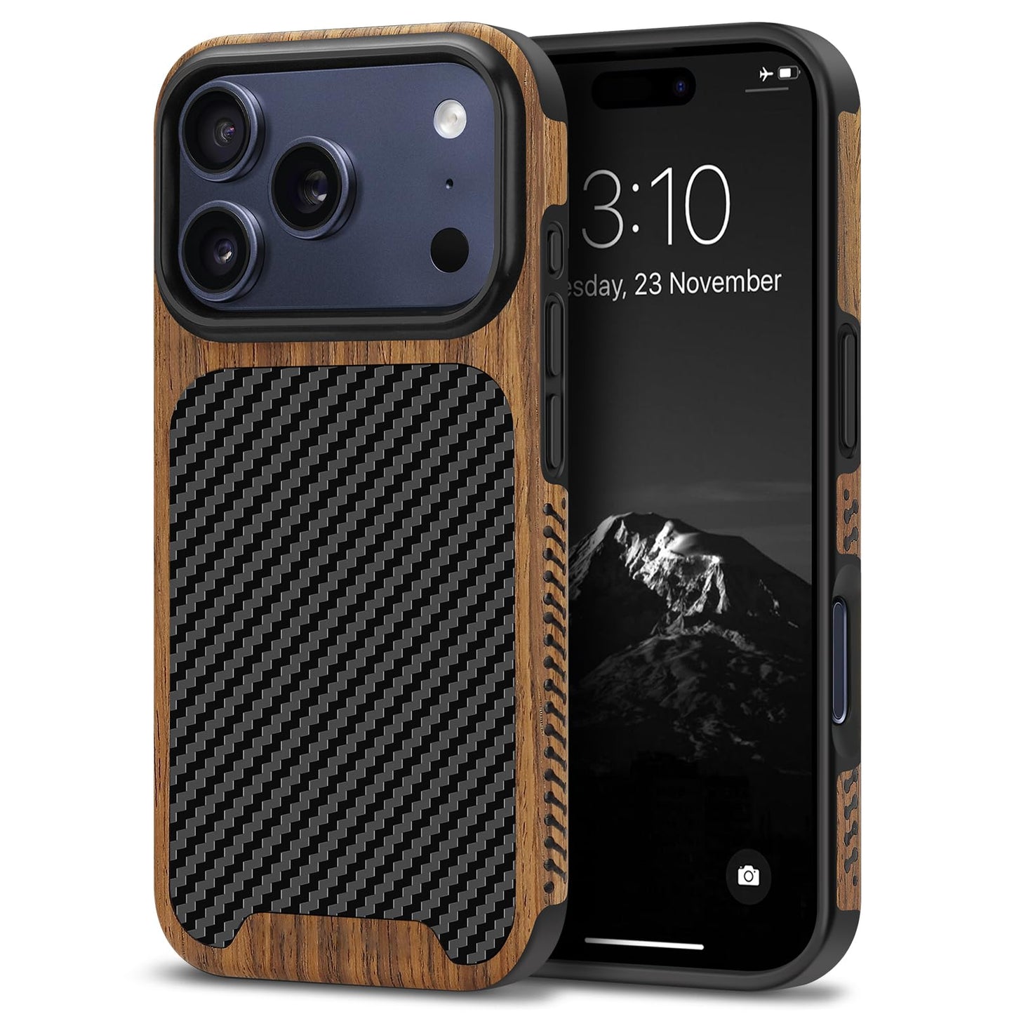 TENDLIN Compatible with iPhone 17 Pro Case Wood Grain with Carbon Fiber Texture Design Leather Hybrid Slim Case (Black)
