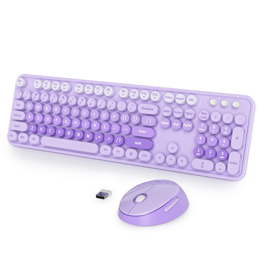 Fogruaden Purple Retro Typewriter Keyboard and Mouse Wireless, 2.4GHz Office Full-Sized Colorful Computer Keyboard with Number P