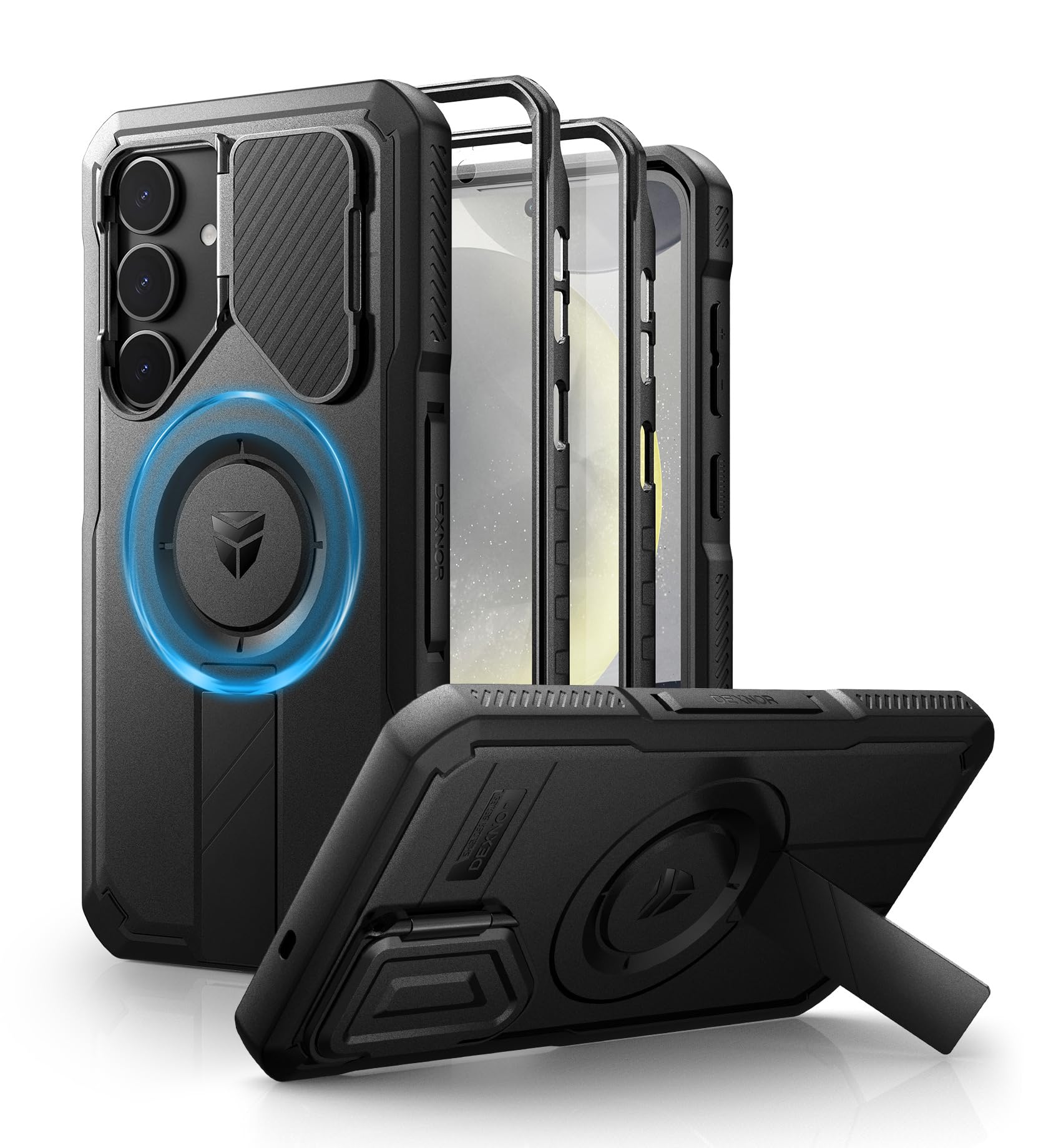 Dexnor for Samsung Galaxy S25 Plus Case with Camera Cover & Adjustable Kickstand & Built-in Screen Protector, Magnetic Rugged Sh