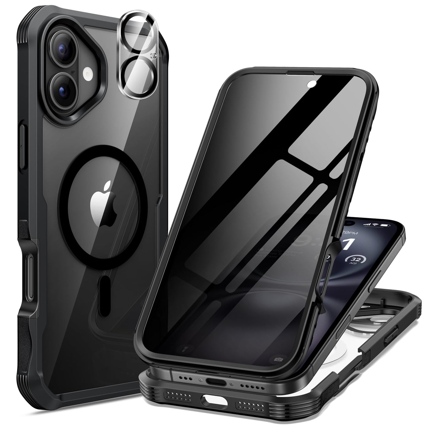 seacosmo for iPhone 16 Plus Case, Full Body Bumper with Built-in 9H Tempered Glass Privacy Screen Protector and Camera Lens Prot