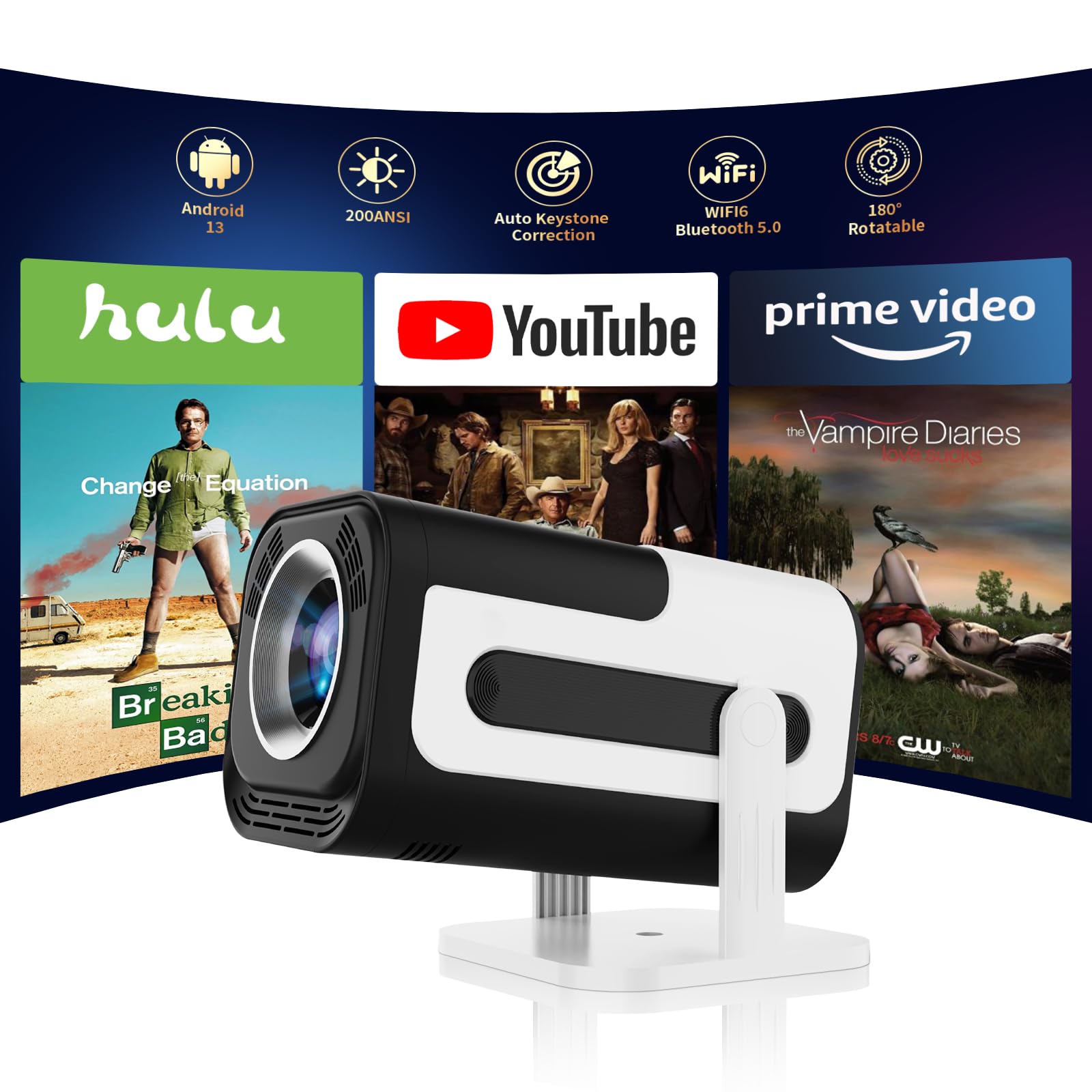 Ear&Ear Mini Projector, HY320 Portable Projector, Support 4K 1080P with Dual-Band WIFI6 5G Wireless 5.0 Bluetooth Android 11, 18