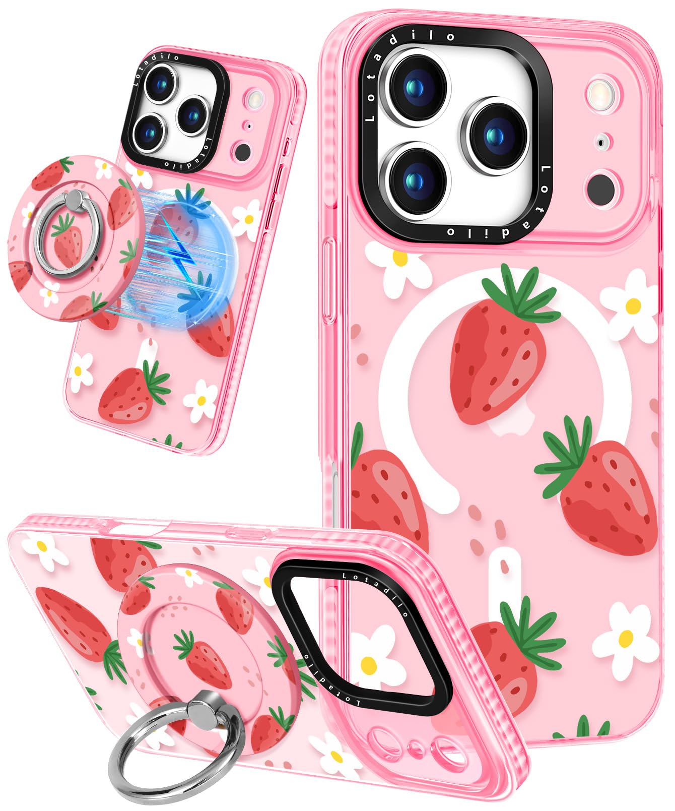 Lotadilo Case for iPhone 17 Pro Case Compatible with Magsafe Ring Holder Stand - for Women Strawberry Flower Design TPU Phone Co