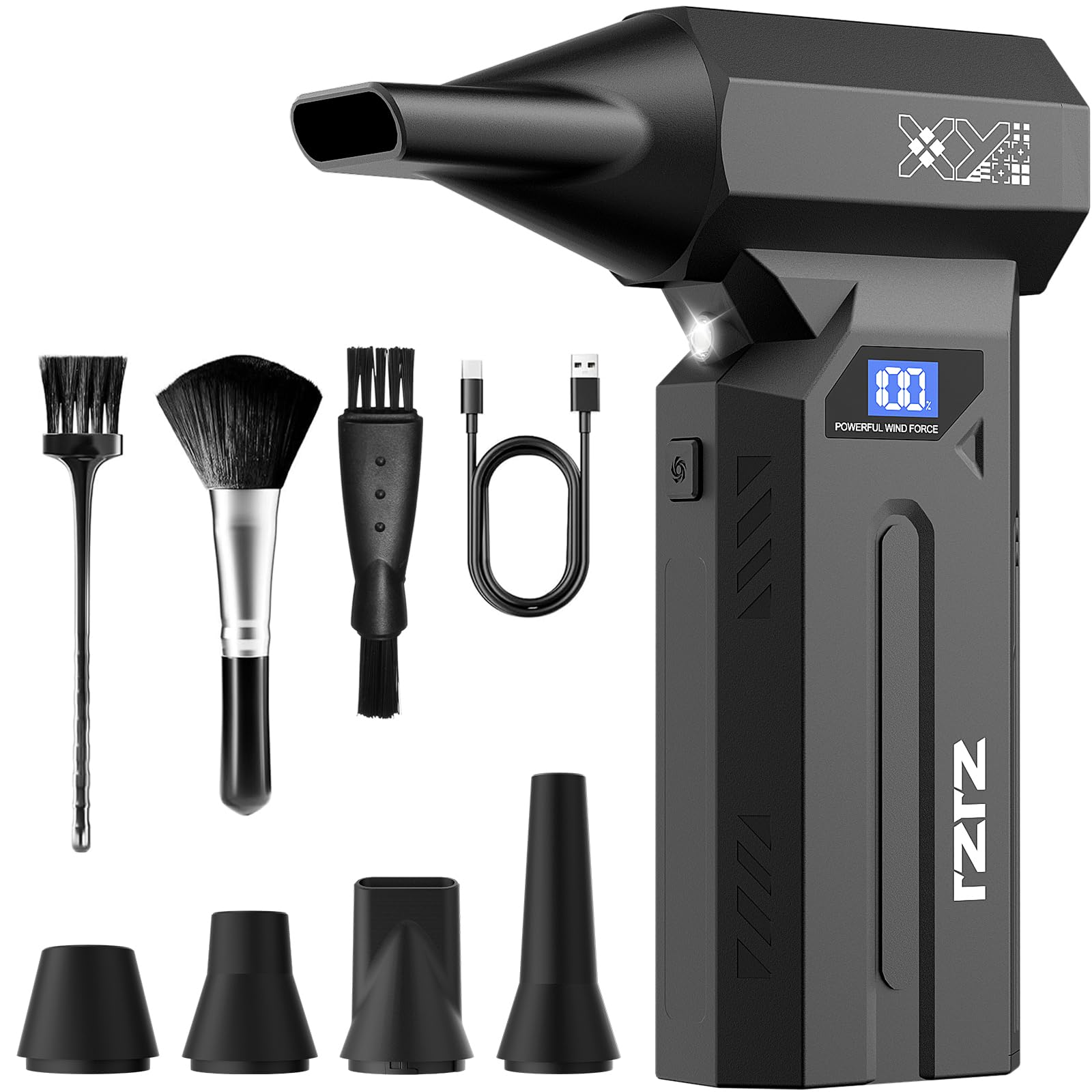ZJZJ Compressed Air Duster, 150000RPM Powerful Electric Air Duster, 4-Gears Adjustable Cordless Air Blower with LED Light, Recha