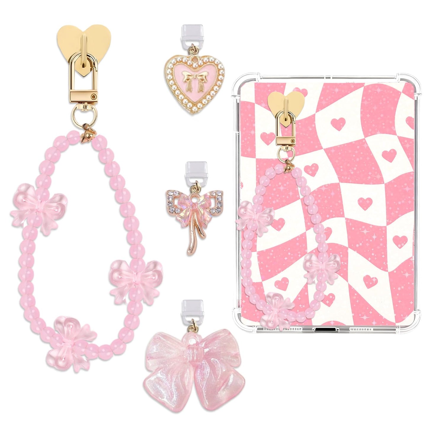 TAKEALOOKO Dust Plug Charm Chains for Kindle - 4Pcs Pink Bow Phone Bracelets with Type-C Dust Plug Kit for Book Lovers, Y2K Aest