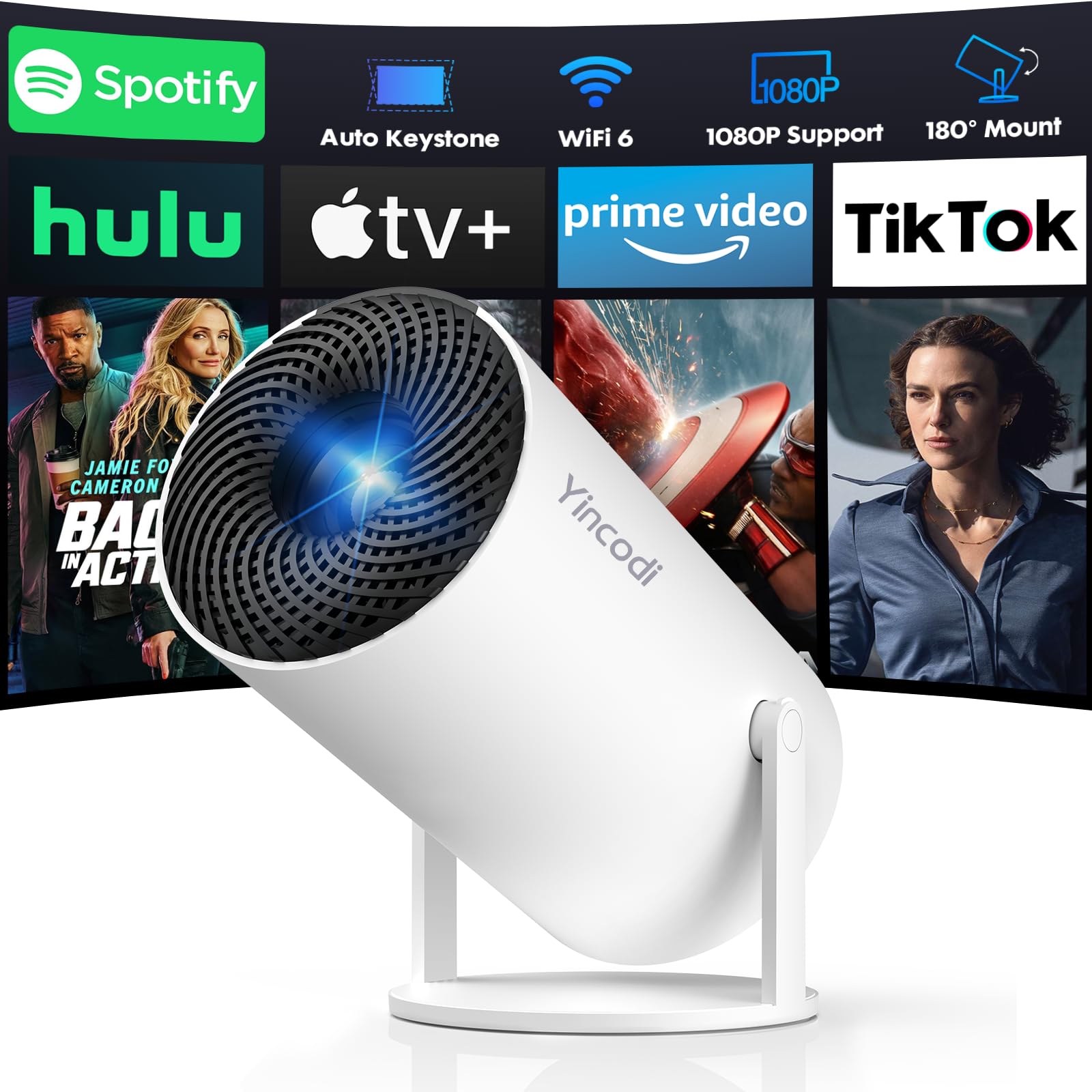 YINCODI [Bulit in Apps] Portable Mini Projector, 1080P Smart Projector with WiFi and Bluetooth, 270 Rotatable Movie Projector Co