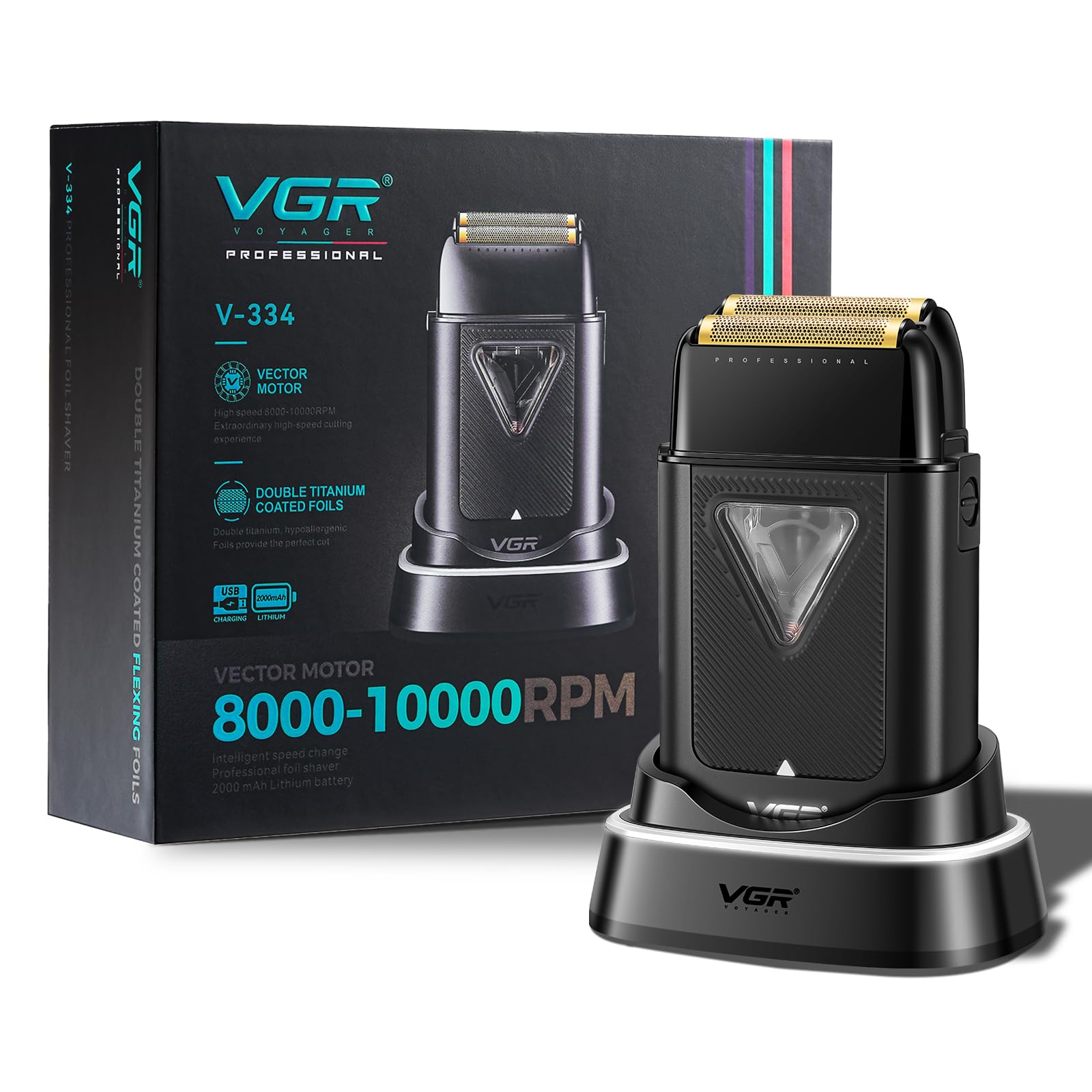 VGR 334 Foil Shaver for Men, Professional Electric Razor for Shaving Face & Bald Head, 10000RPM Vector Motor, Double Titanium Fo