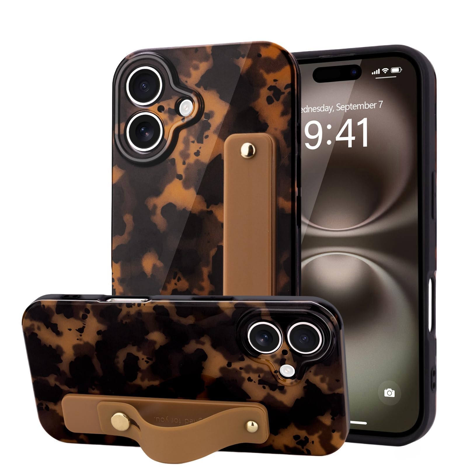 LAPOPNUT for iPhone 16 Case with Wrist Strap, Cheetah Leopard Tortoise Shell Print Shockproof Soft TPU Protective Case for Women
