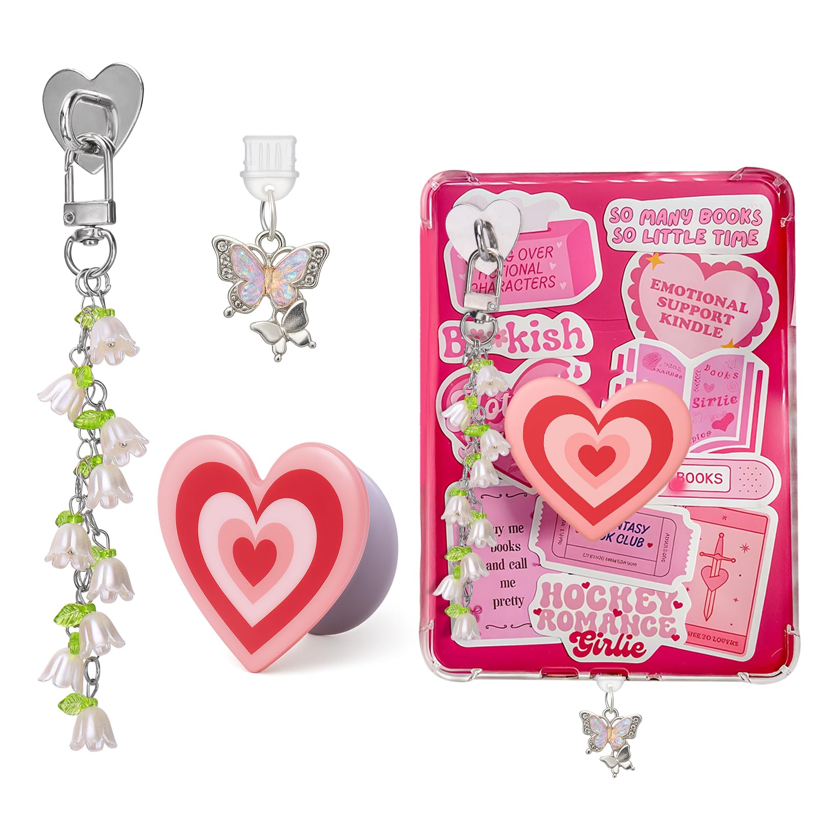 AIERSA Cute Charms Set for Kindle,Included Dust Plug Charm Type C/USB C,Heart Grip Holder,Flower Keychain with Hook for Kindle A