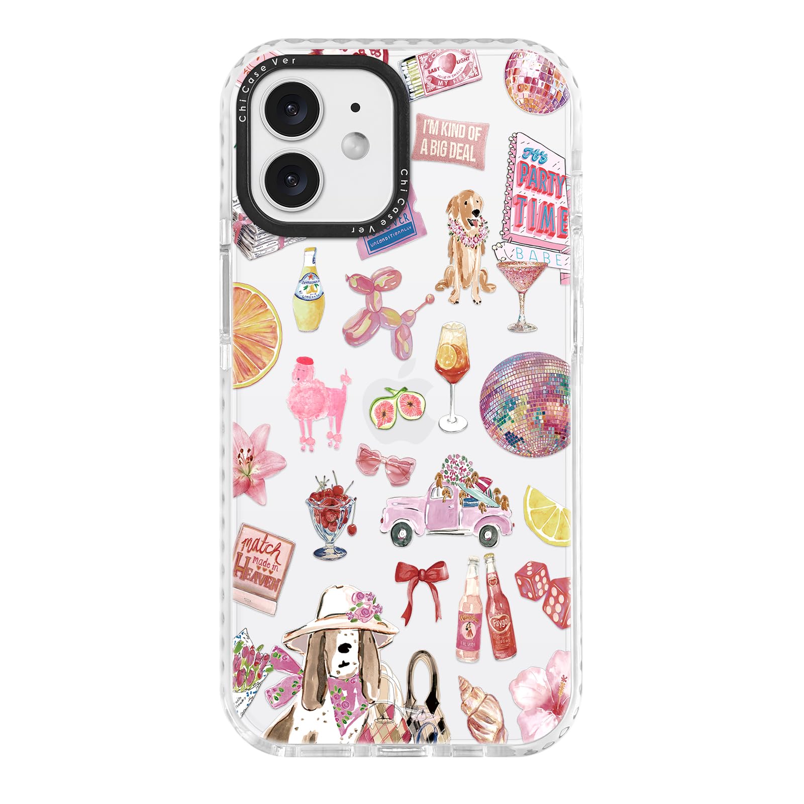 ChiCaseVer for iPhone 12 Case, Party Time Collage Pattern with Girly Pink Dogs & Cocktails, Military-Grade Drop Protection, Girl