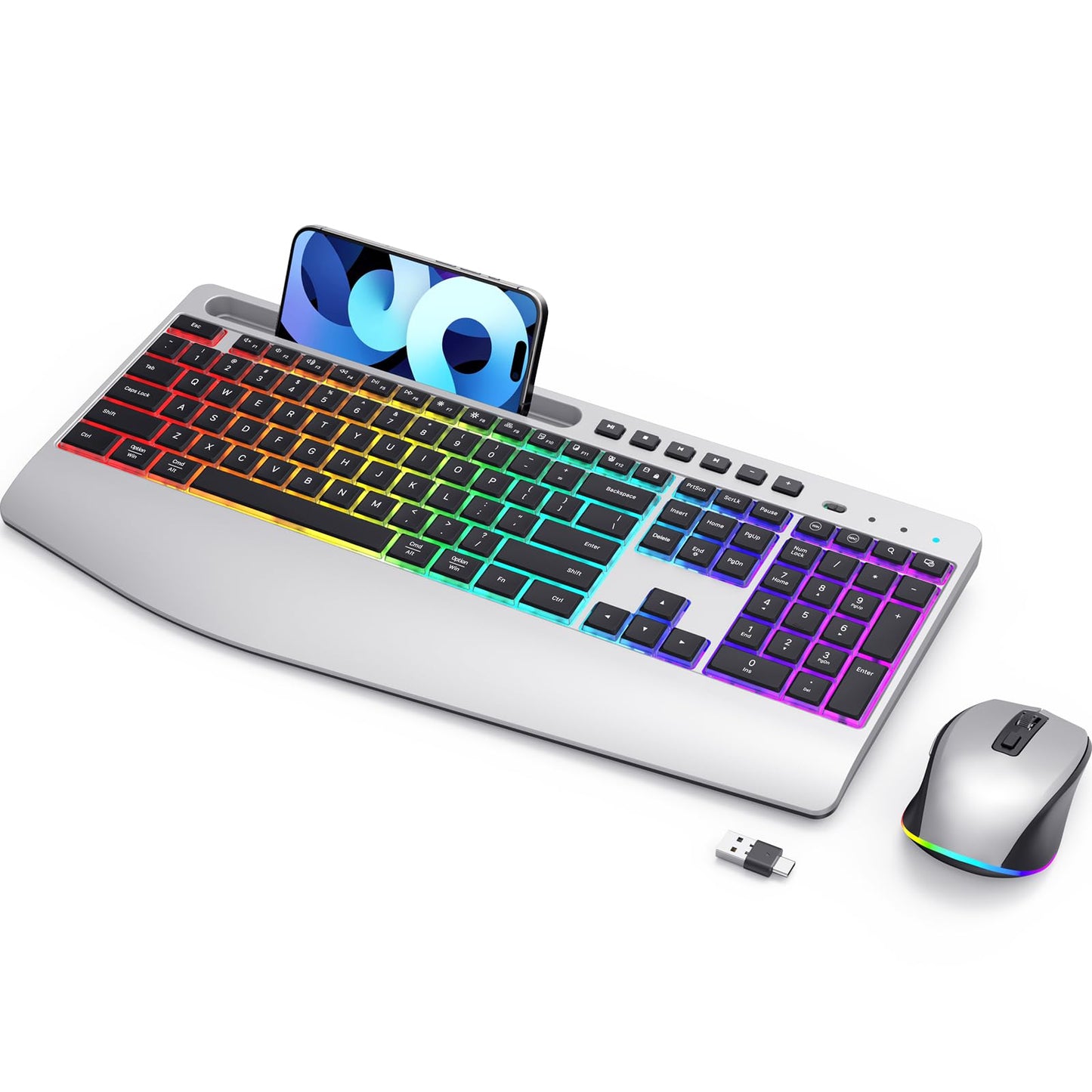 Silver Wireless Keyboard and Mouse Combo - Dual System RGB Backlit Mouse and Keyboard Advanced Optical Tracking, Lag-Free Wirele
