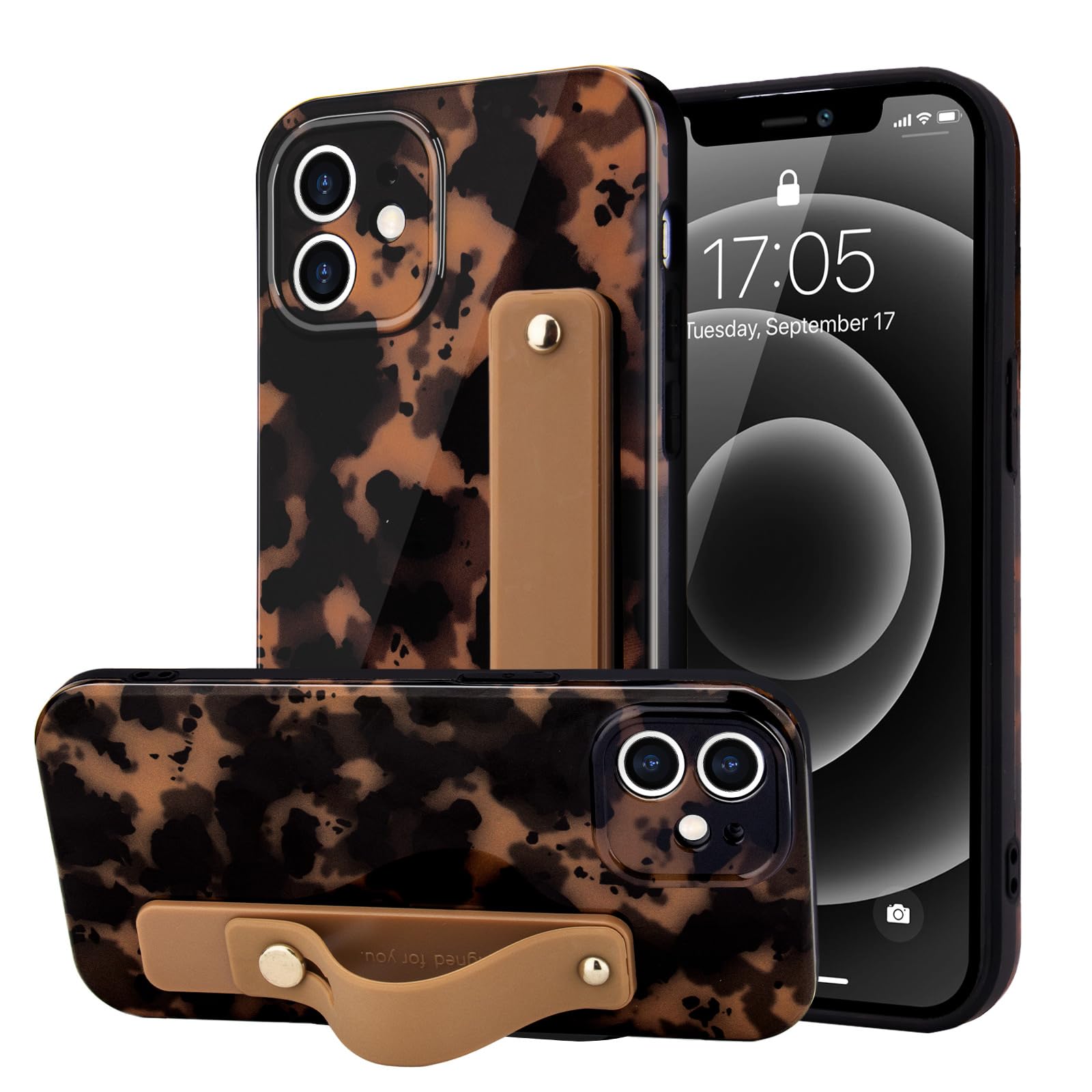 LAPOPNUT for iPhone 12 Case with Wrist Strap, Cheetah Leopard Tortoise Shell Print Shockproof Soft TPU Protective Case Women Gir