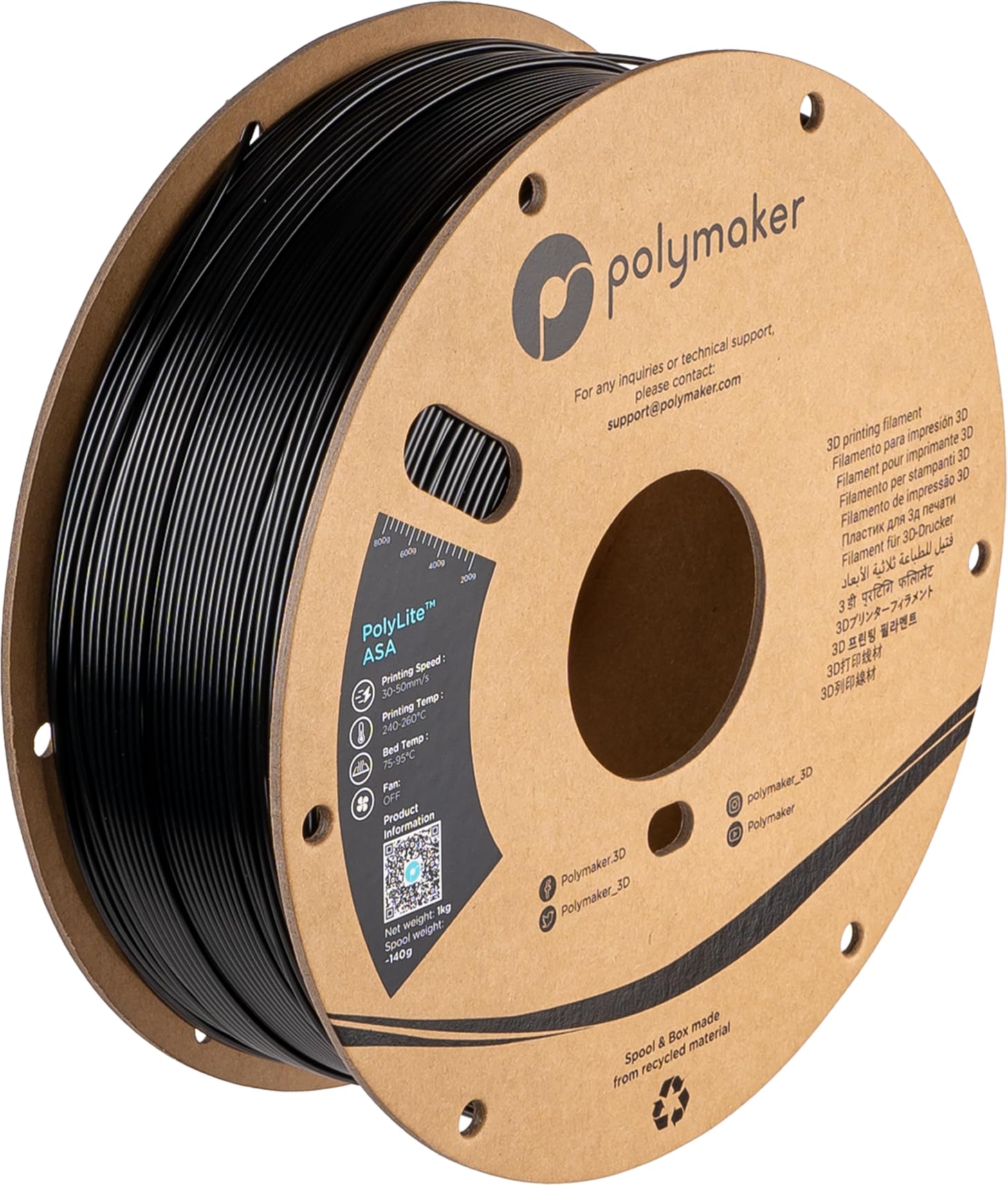 Polymaker ASA Filament 1.75mm Jet Black, 1kg ASA 3D Printing Filament, Heat & Weather Resistant - ASA 3D Printer Filament Perfec