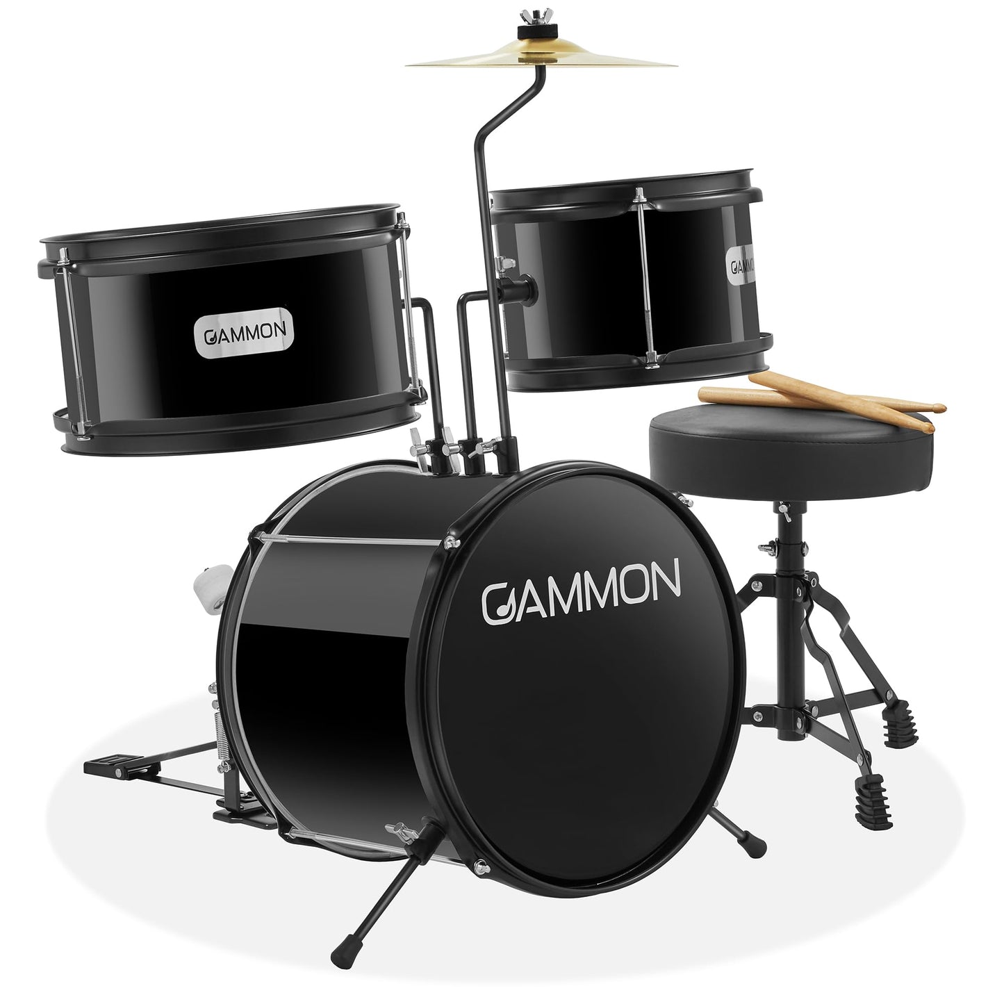 Gammon 3-Piece Junior Drum Set with Throne - Red, Complete Beginner Kit with Bass Drum, Toms, Cymbal, Pedal, and Drumsticks