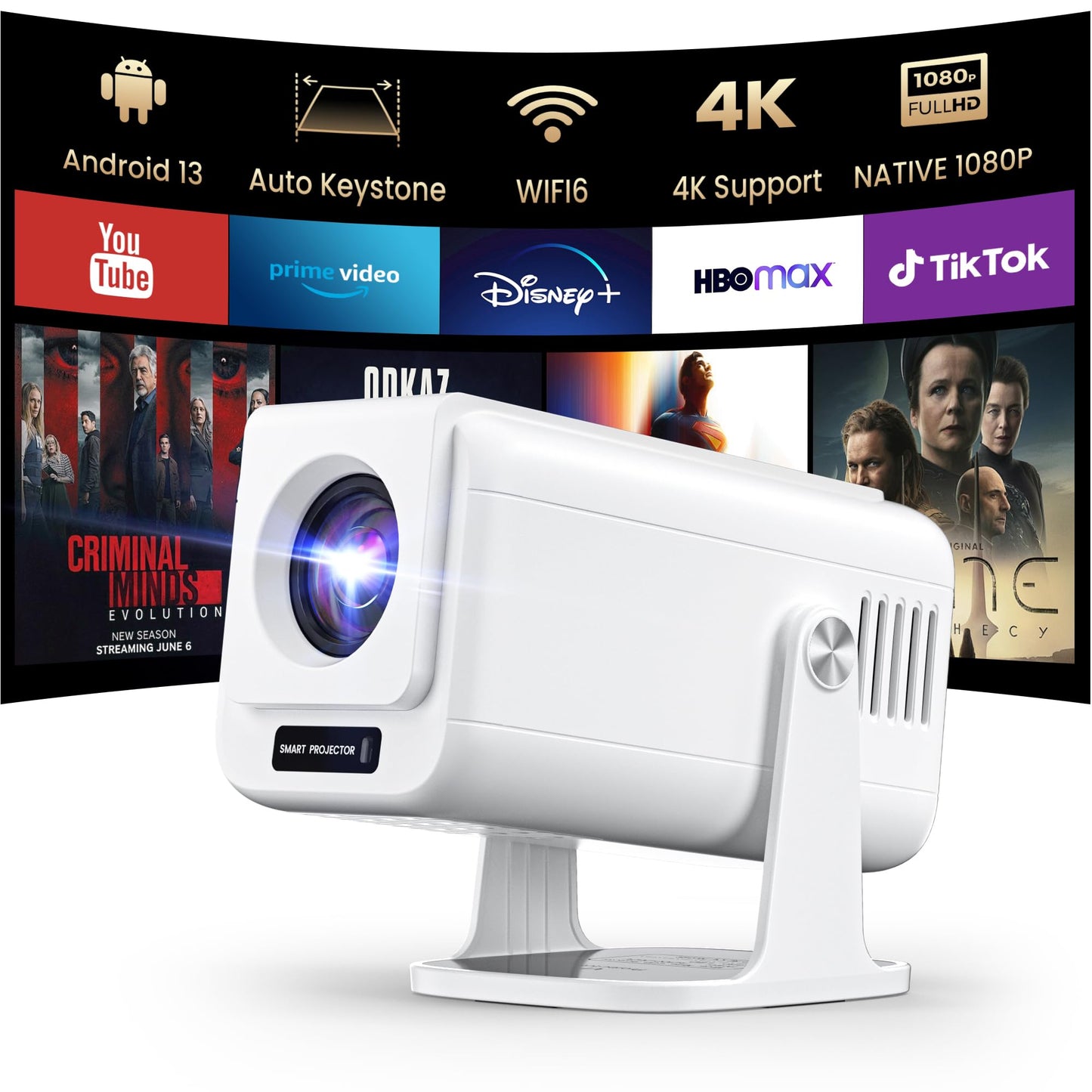 [Built-in Apps ] Mini Projector with WiFi and Bluetooth, Native 1080P Smart Projector 4K Support, Auto Keystone, Android 13 , Po