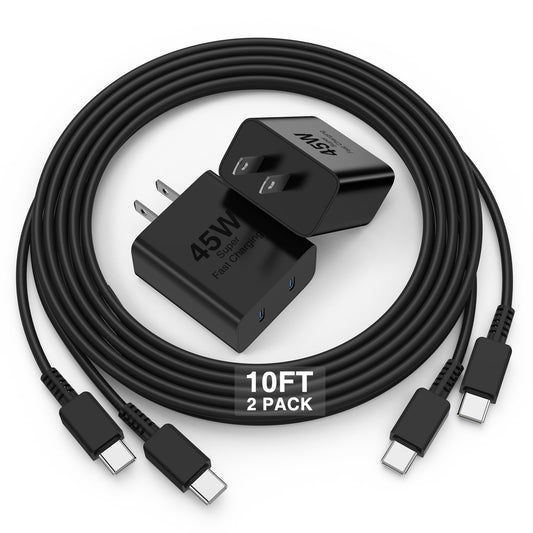 Dual Port 45W Super Fast Charging Block and 10ft USB C to C Cable Long,Type C Plug and Android Phone Charger Cord for Samsung Ga