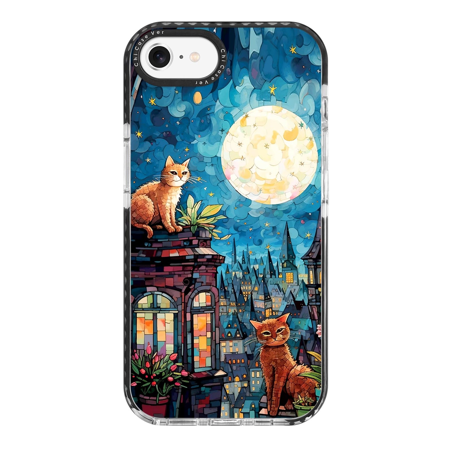 ChiCaseVer for iPhone 7/8/SE Case, Starry Night Cats on Rooftop Pattern, Military-Grade Drop Protection, Magical Fantasy Soft Sl