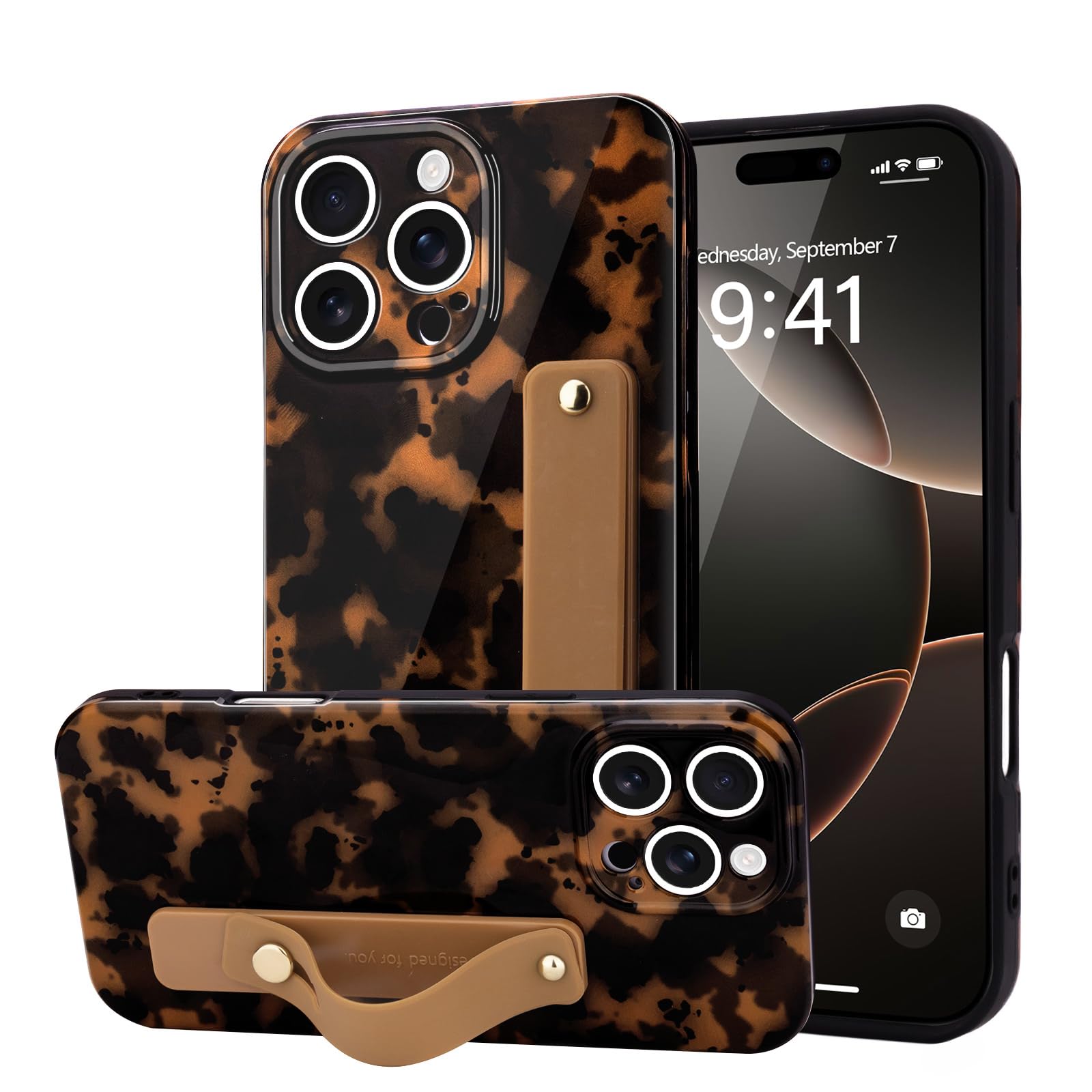 LAPOPNUT For iPhone 16 Pro Max Case with Wrist Strap, Cheetah Leopard Tortoise Shell Print Shockproof Soft TPU Protective Case W