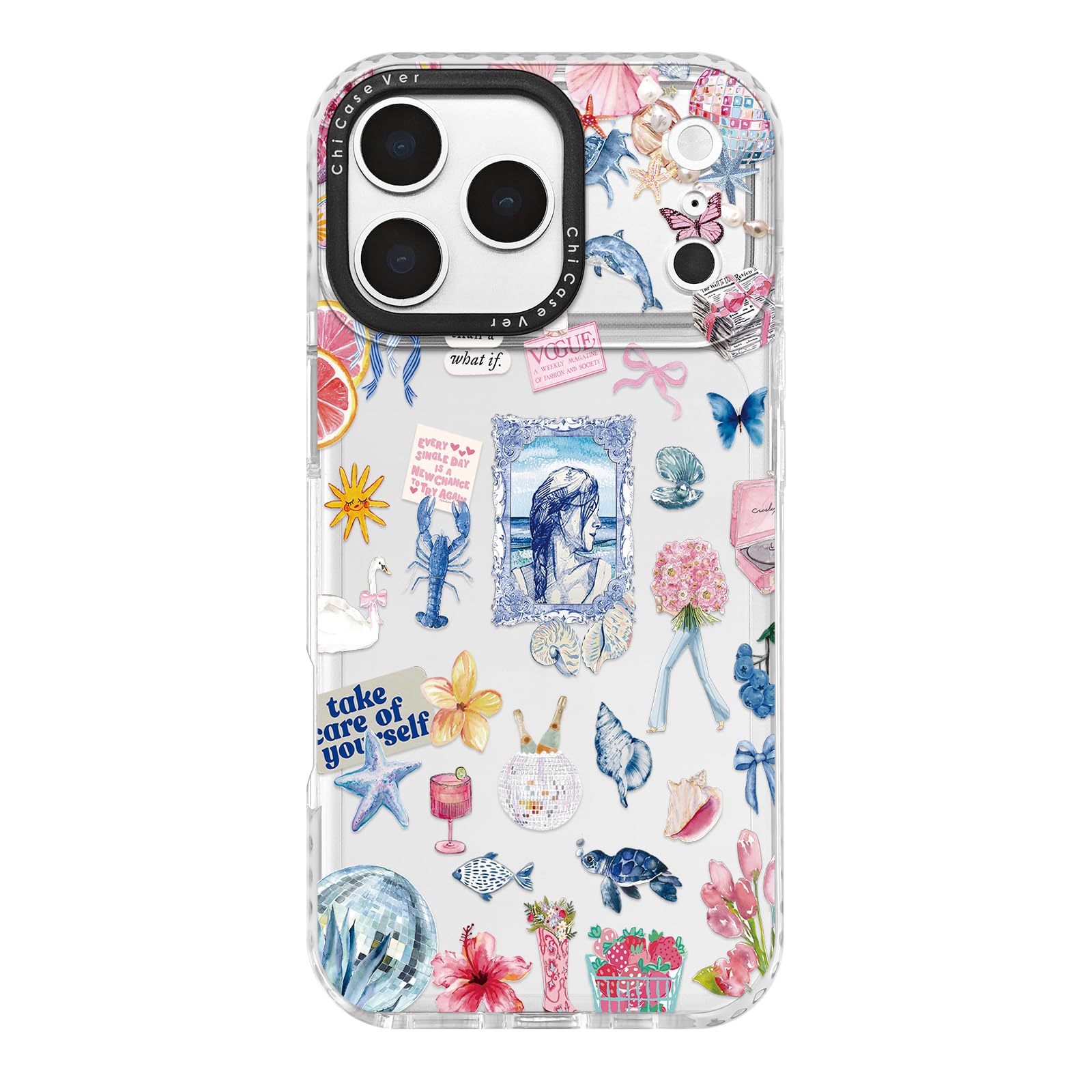 ChiCaseVer for iPhone 17 Pro Max Case, Ocean Self-Care Collage Pattern with Sea Creatures & Motivational Text, Aesthetic Inspira