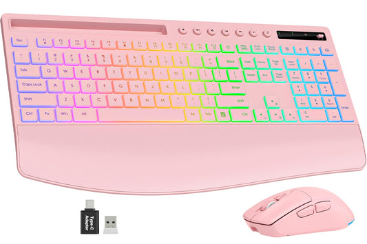 Trueque Wireless Keyboard and Mouse Combo, 4000mAh Rechargeable Backlit Keyboard with Wrist Rest & Phone Holder, Full Size Quiet