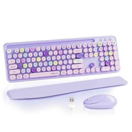 UBOTIE Wireless Keyboard and Mouse Combo with Phone Holder Wrist Rest, Round Colorful Keys, Power Switches, 2.4GHz USB Receiver,