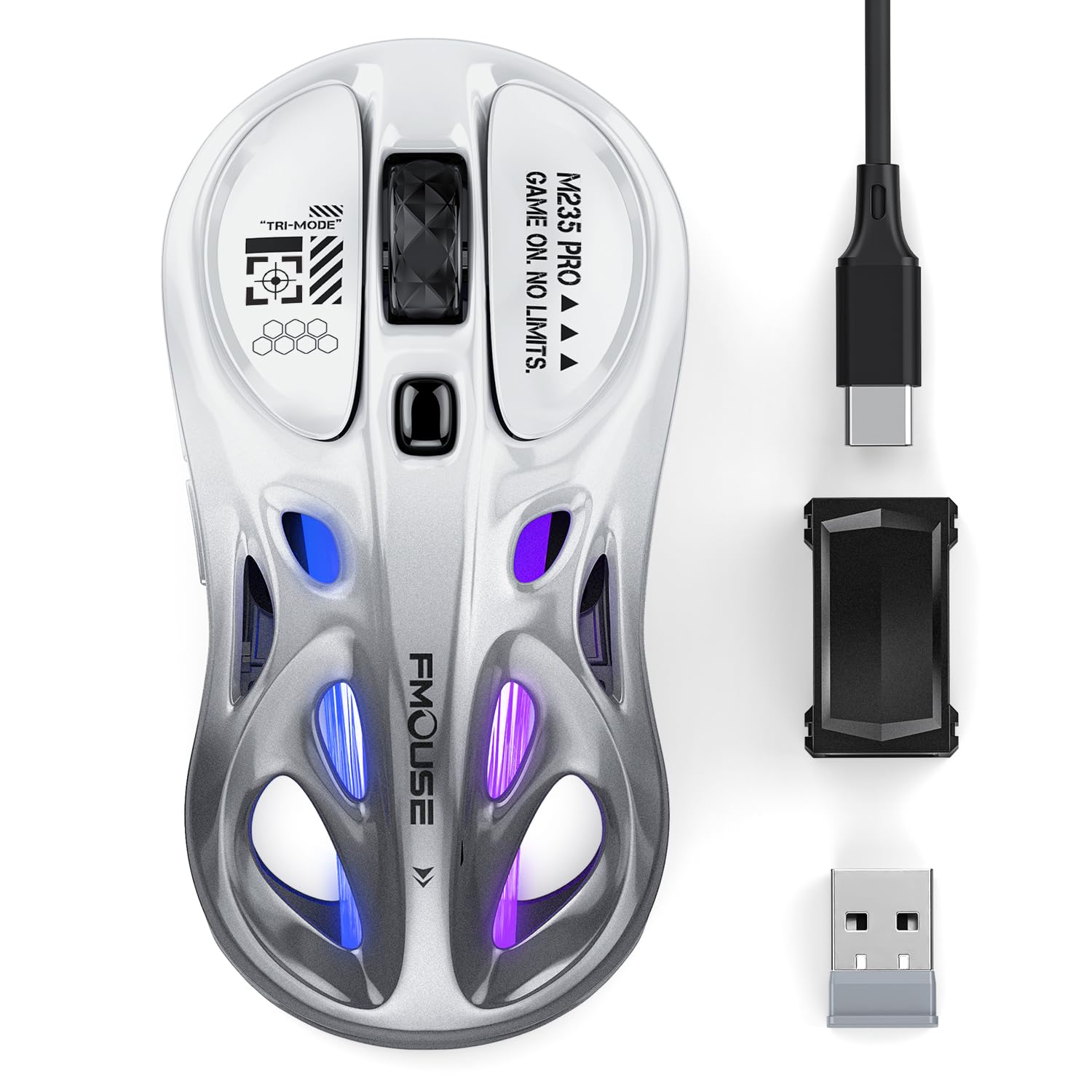 FMOUSE Tri-Mode Wireless Mouse (2.4G/Bluetooth/Wired), Hollow Design, RGB, 4800 DPI, Rechargeable Type-C for Mac/Laptop/iPad (Ga