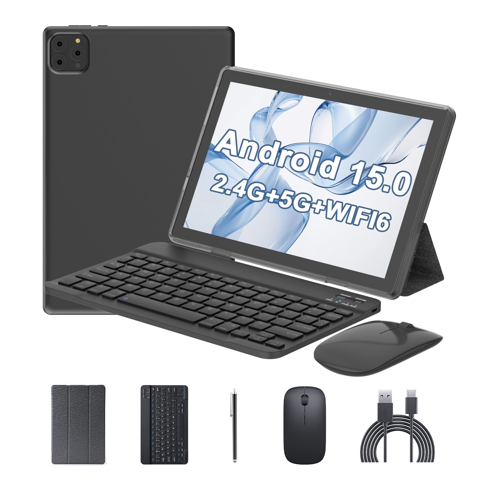 ICONLINK Android 15 Tablet 10 Inch, 12(3+9) GB RAM+64GB ROM, 2 in 1 Tablets with Keyboard Case Mouse Stylus, 1.8GHz Five-core Pr