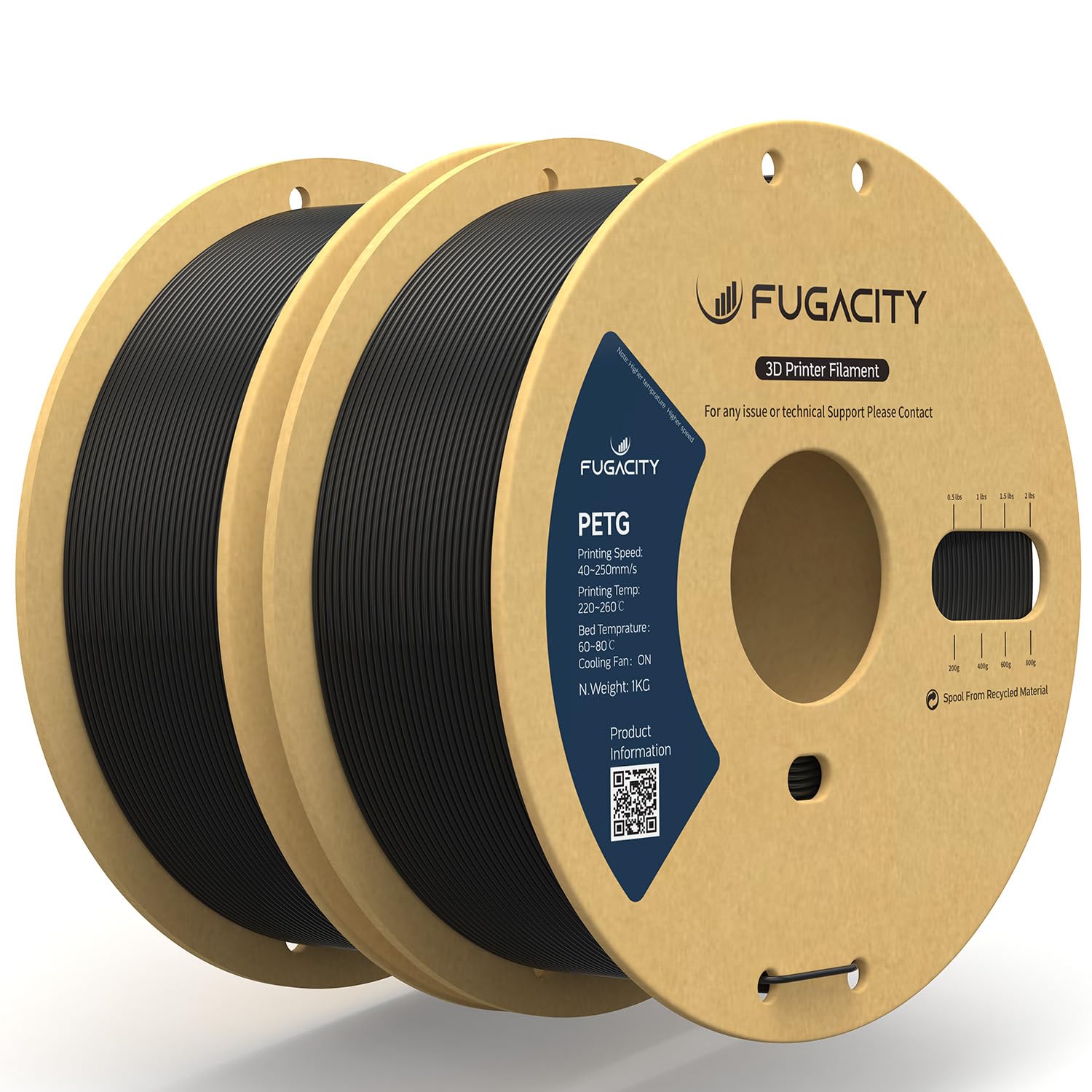 Fugacity PETG Filament 1.75mm, Black 3D Printer Filament 2 Roll 1KG Spool Bundles, Dimensional Accuracy +/- 0.02mm, Enhanced Pri