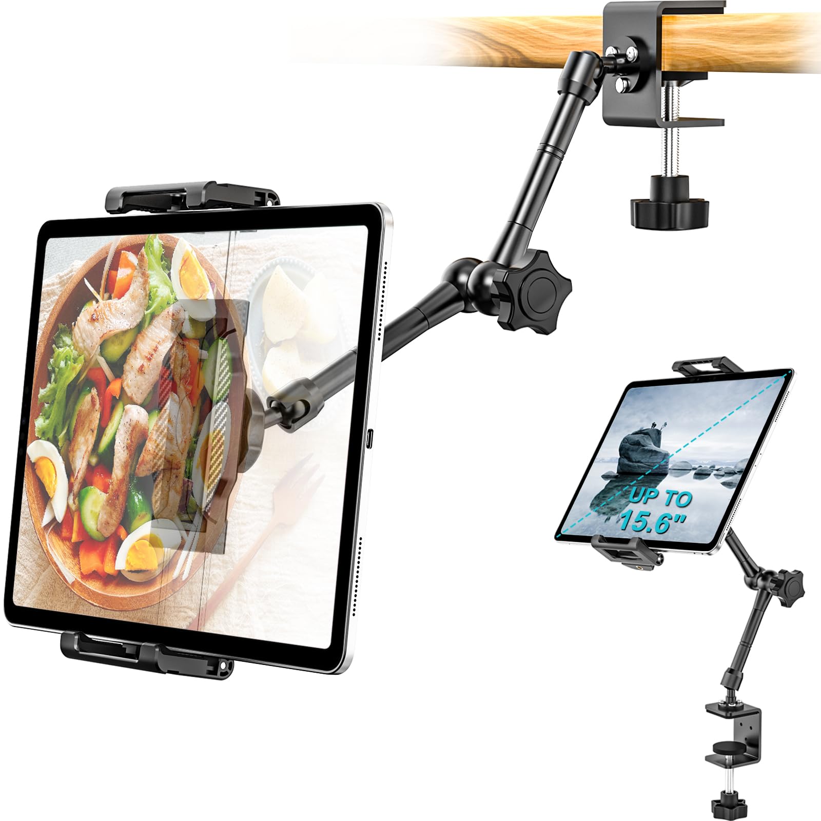 Dosvsi Kitchen Cabinet Tablet Holder, [Up to 15.6] 360 Metal Arm Tablet Mount for Under Cabinet, Shelf/Desk/Counter Clamp Stand