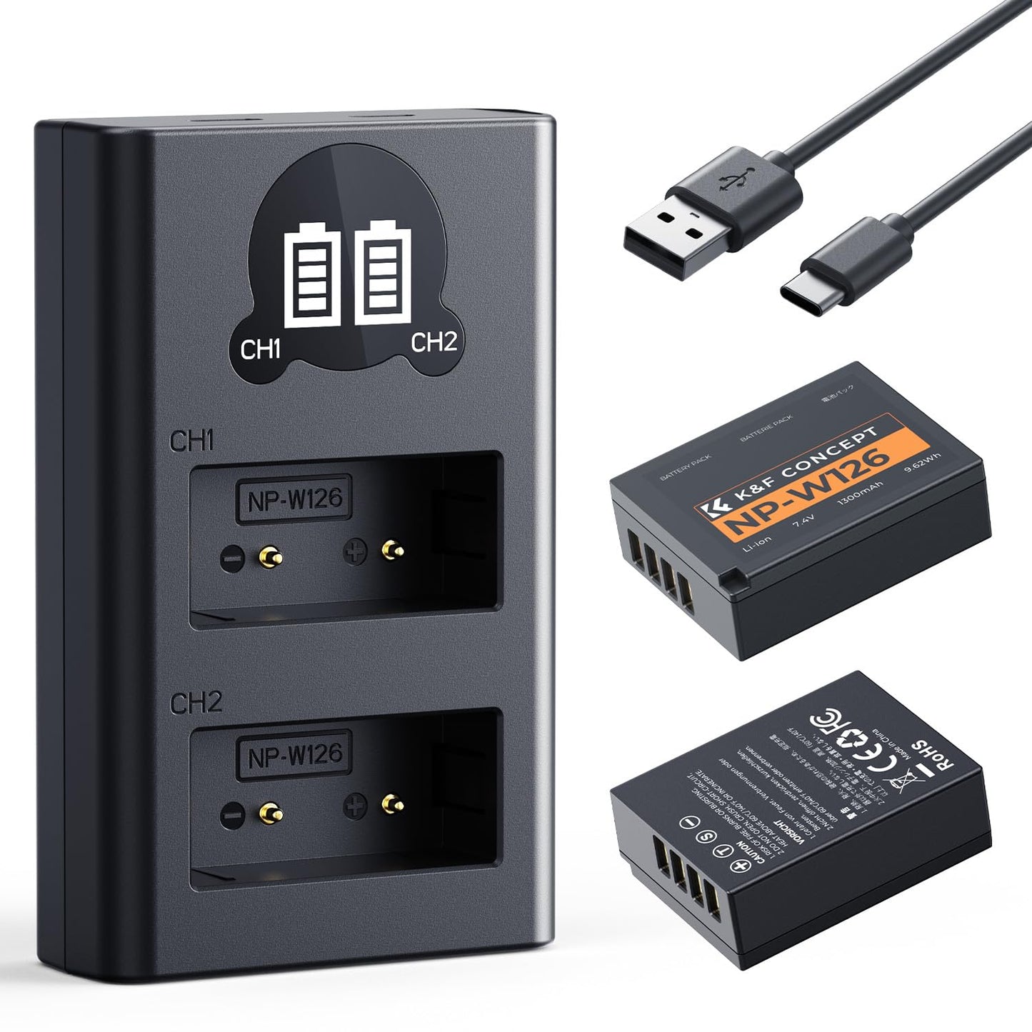K&F Concept 1300mAh NP-W126 NP-W126S Battery and Charger for Fujifilm XM5, X100VI, X100V, XS10, XT30, XT30 II, XT20, XE4, A5, Du
