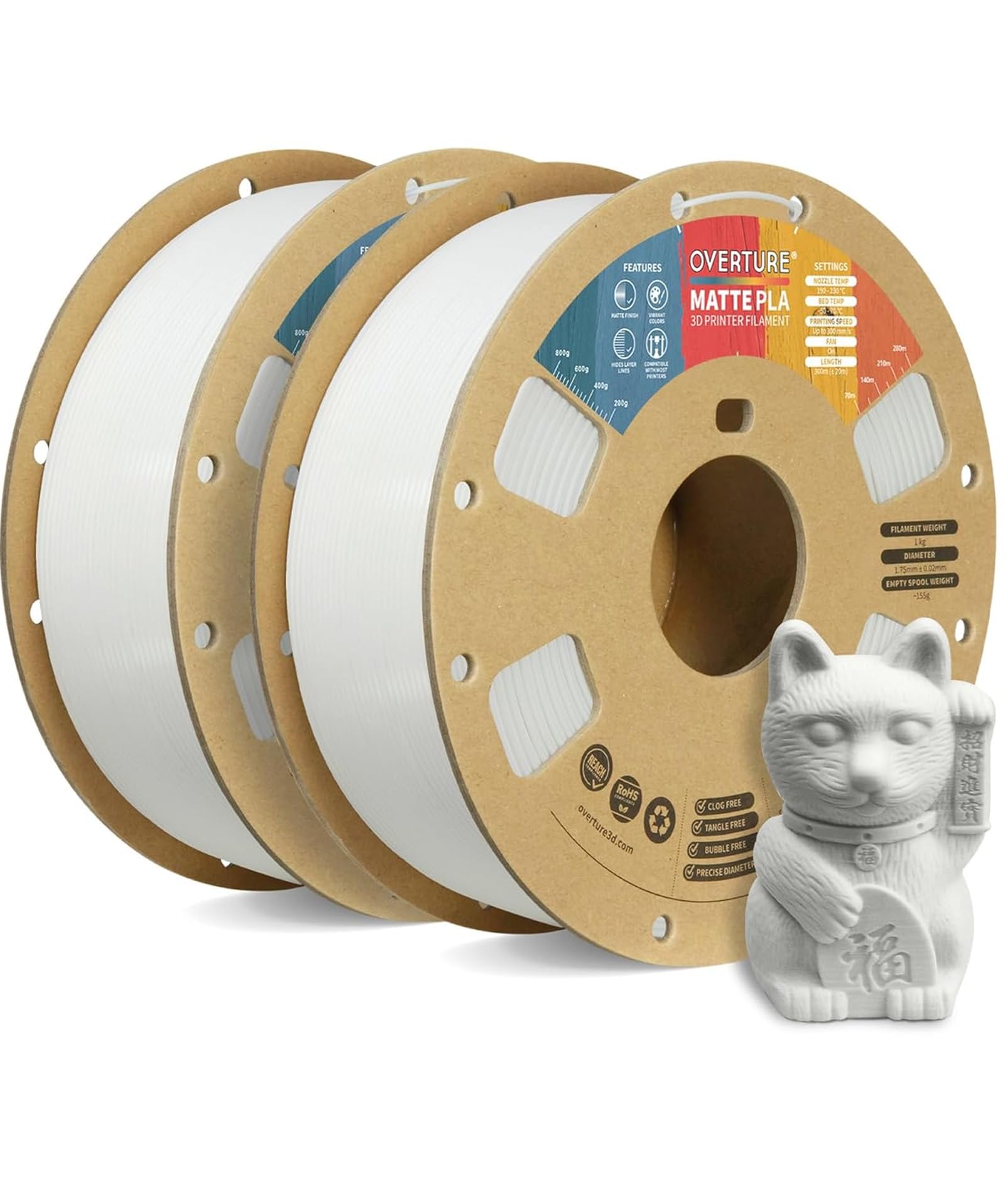 OVERTURE 2KG Bundle Matte PLA 3D Printer Filament 1.75mm, Matt Surface & Low Warping Filament 2 Pack 1kg Spool (2.2 lbs), Fit Mo
