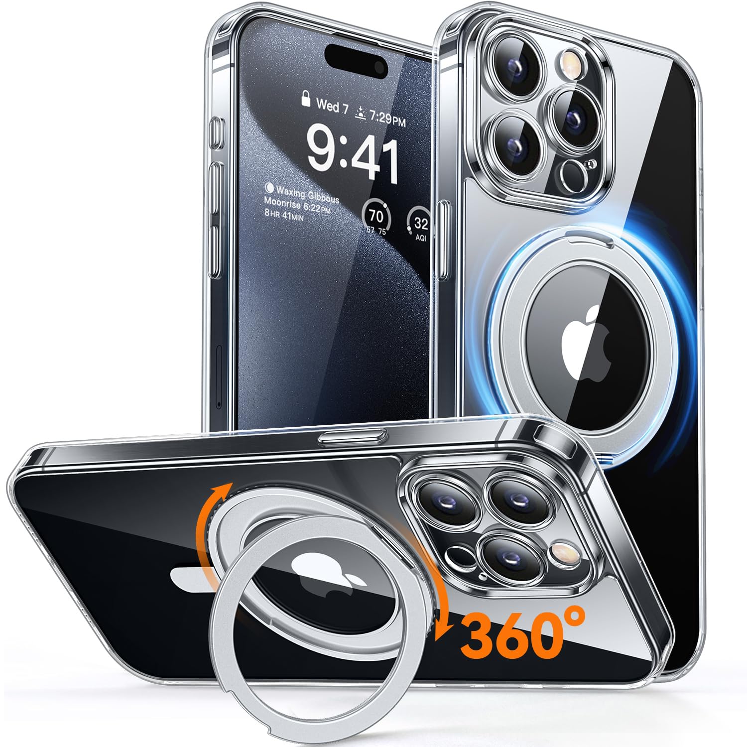 CANSHN 360 Spin Magnetic Stand for iPhone 15 Pro Case [Full Camera Protection] [Compatible with Magsafe] Non-Yellowing Shockproo