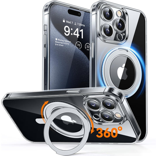 CANSHN 360 Spin Magnetic Stand for iPhone 15 Pro Case [Full Camera Protection] [Compatible with Magsafe] Non-Yellowing Shockproo