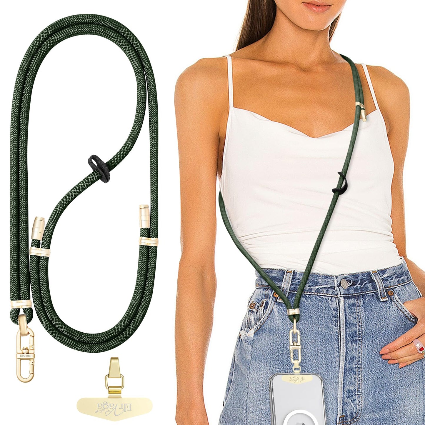 Elrvaga Adjustable Anti-Theft Phone Lanyard Neck & Crossbody Strap with 0.2mm Metal Tab & Comfort-Fit 8mm Rope(Dark Green)
