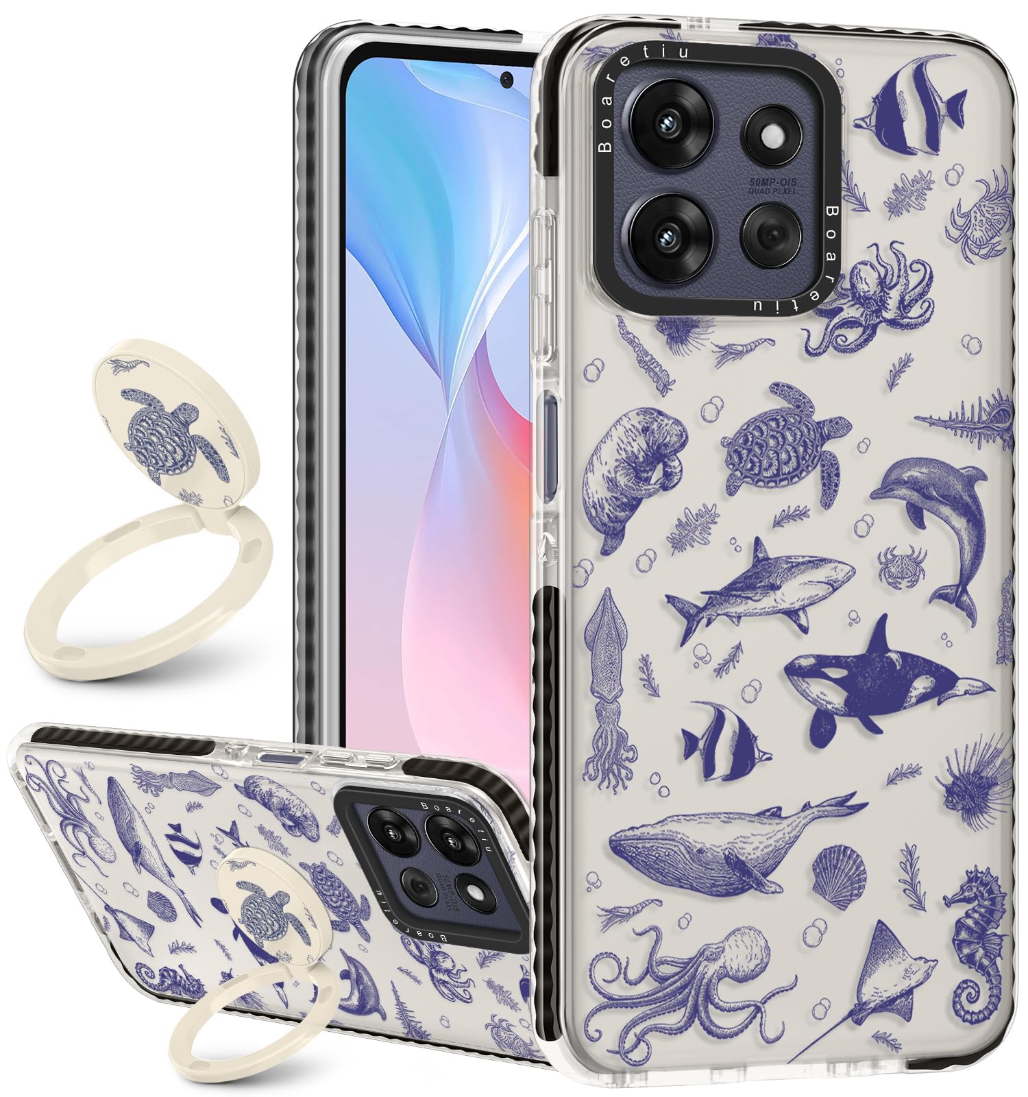 Boaretiu for Motorola Moto G Power/Play 2025 Case - with Stand Cute Kawaii Fashion 360 Rotate Ring Holder Kickstand Retro Flower