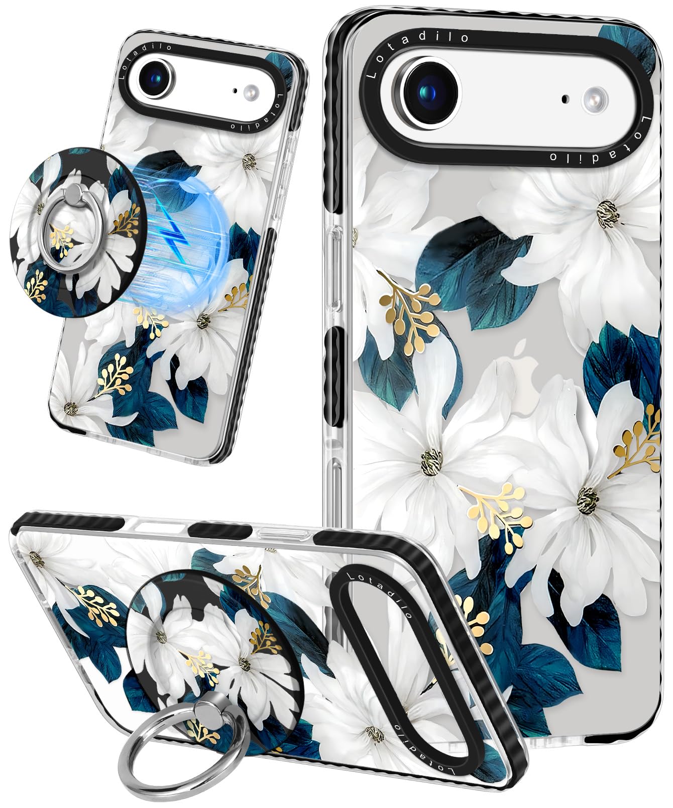 Lotadilo Case for iPhone 17 Air Case Compatible with Magsafe Ring Holder Stand - for Women Blue Flower Design TPU Phone Cover fo