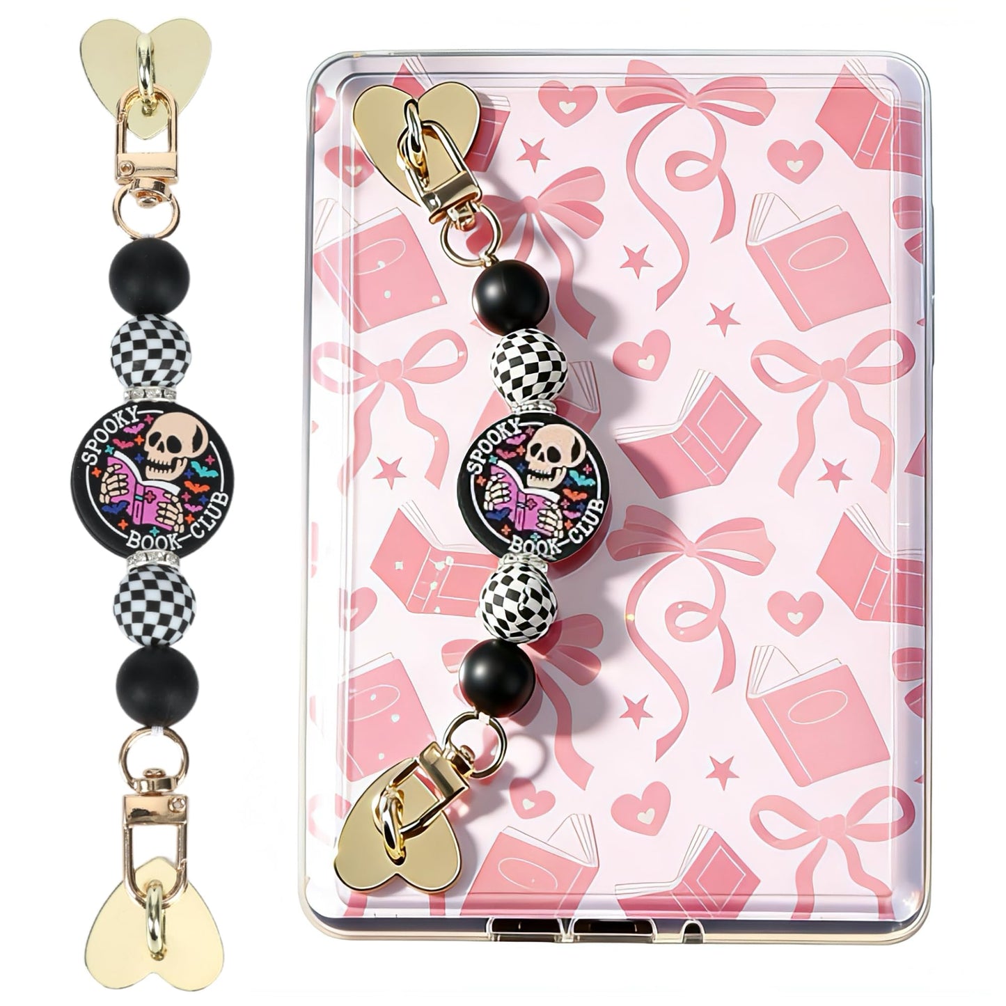 LuneClat Strap for E-Reader with Spooky Skull - Retro Silicone Beaded Grip Chain Charm for Kindle, Bracelets Accessories for E-R
