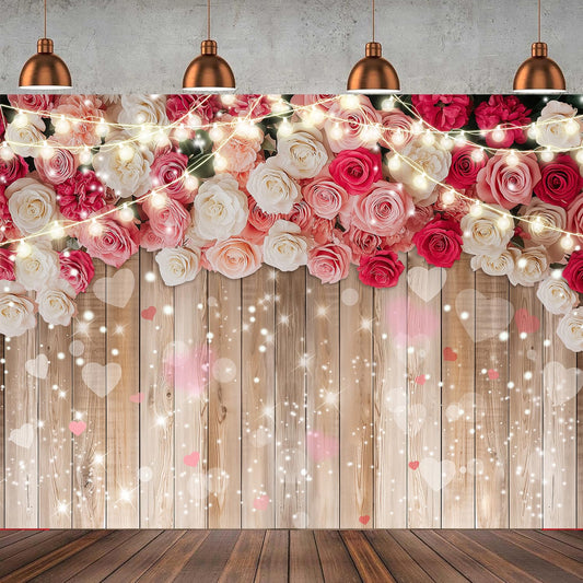 7x5ft Rustic Floral Wooden Wall Backdrop Wall for Women Family Photography Background Rose Flower Wooden Party Decoration for Bi