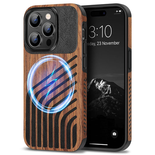 TENDLIN Magnetic Case Compatible with iPhone 14 Pro Case Wood Grain with Carbon Fiber Texture Design Leather Hybrid Slim Cover (
