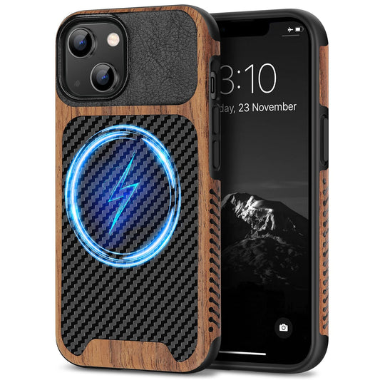 TENDLIN Magnetic Case Compatible with iPhone 14 Case Wood Grain with Carbon Fiber Texture Design Leather Hybrid Slim Cover (Comp