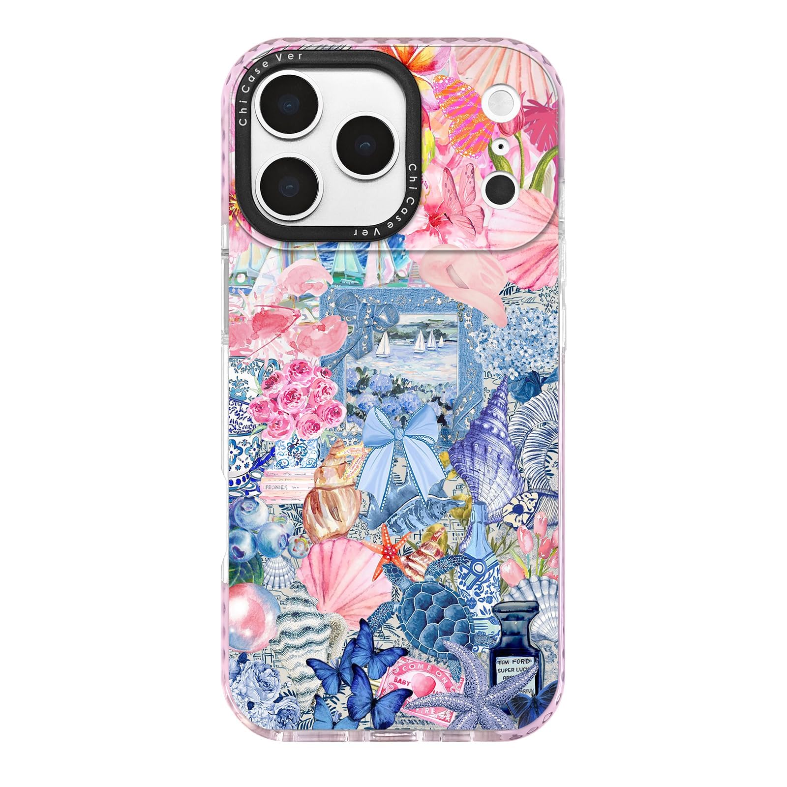 ChiCaseVer for iPhone 17 Pro Case,Vintage Coastal Collage with Floral,Turtle,Shells & Sailboat Pattern,Military-Grade Drop Prote