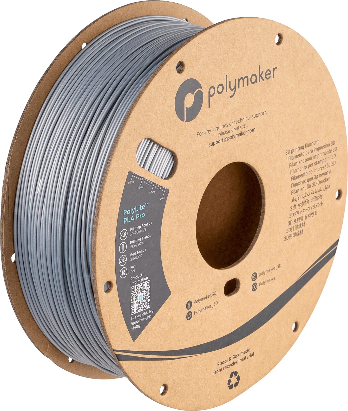 Polymaker PLA PRO Filament 1.75mm 1kg, Tough & High Rigidity Silver 3D Printing Filament, PolyLite PLA PRO 3D Printer Filament 1