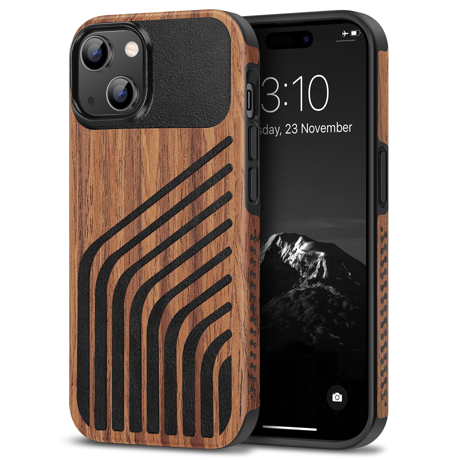 TENDLIN Compatible with iPhone 15 Case Wood Grain with Carbon Fiber Texture Design Leather Hybrid Slim Case (Hairline)