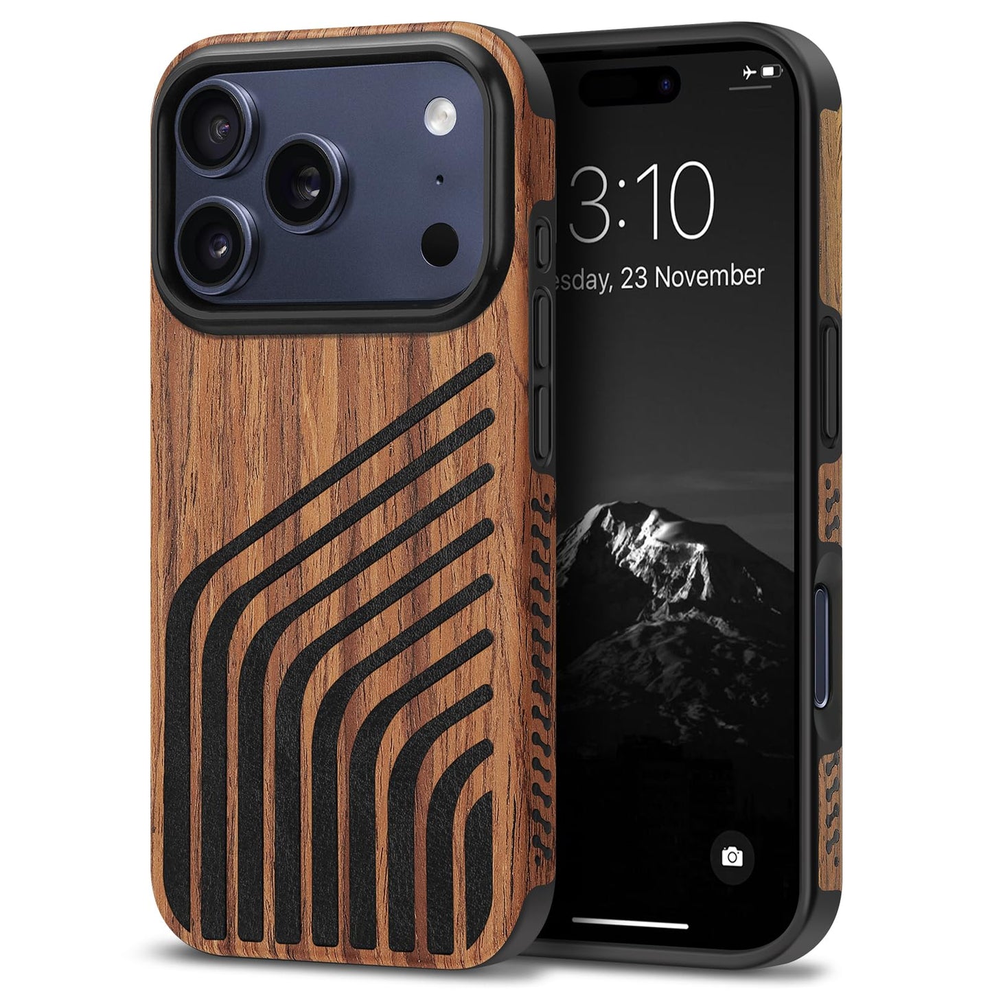 TENDLIN Compatible with iPhone 17 Pro Case Wood Grain with Carbon Fiber Texture Design Leather Hybrid Slim Case (Hairline)