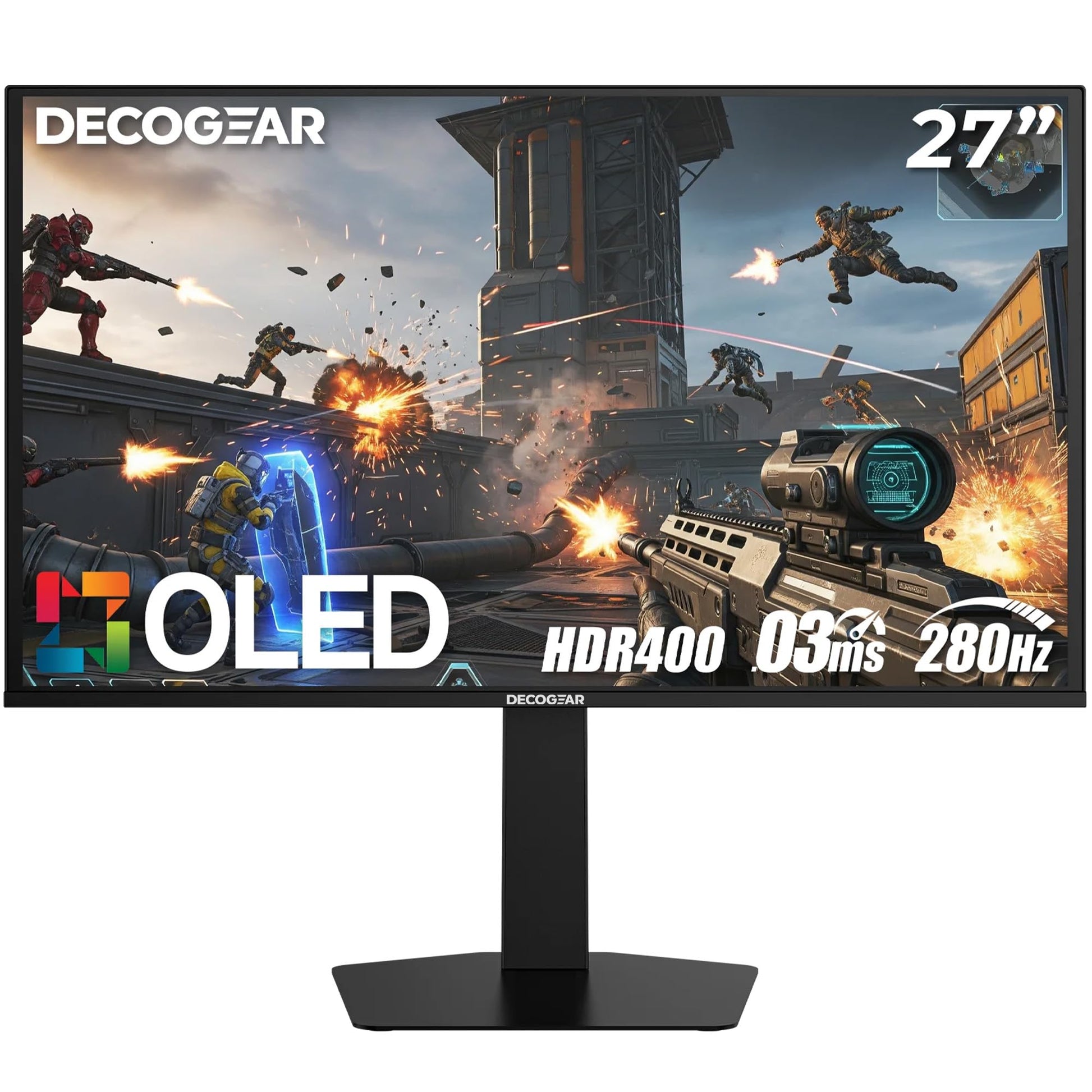 Deco Gear 27 QHD OLED Gaming Monitor | 280Hz 0.03ms Response, HDR400, Adaptive Sync, 99% sRGB, 1.5M:1 Contrast, Borderless Desig
