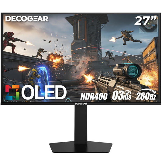Deco Gear 27 QHD OLED Gaming Monitor | 280Hz 0.03ms Response, HDR400, Adaptive Sync, 99% sRGB, 1.5M:1 Contrast, Borderless Desig